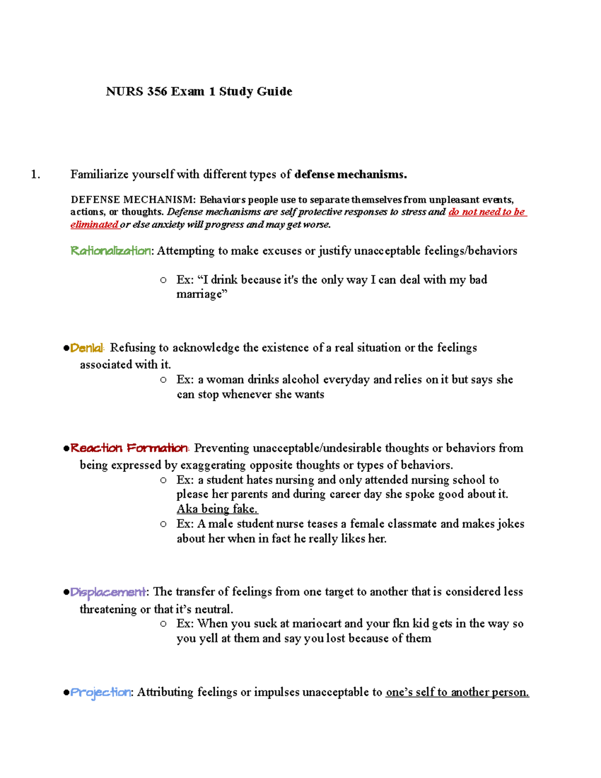 356 Exam 1 Study Guide - defense mechanisms. Maslow’s Hierarchy of ...