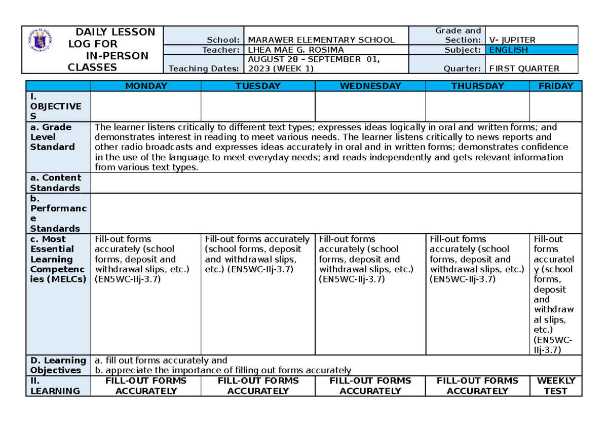 ENG WEEK 1 - iqshsoidJDPdjpd - DAILY LESSON LOG FOR IN-PERSON CLASSES ...