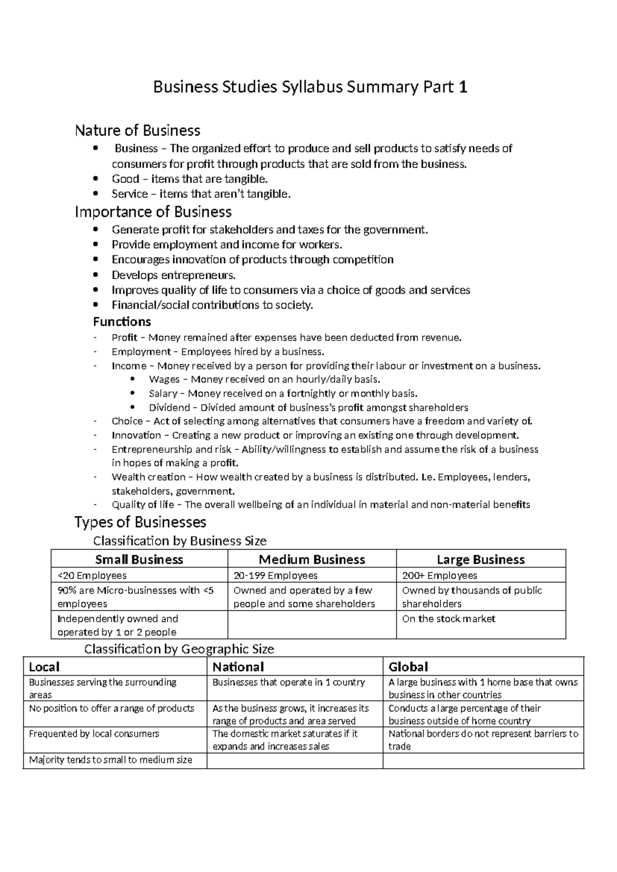 Business Studies Syllabus Summary Part 1 - Good – items that are ...