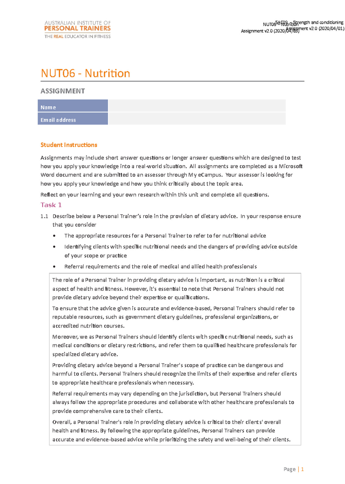 NUT06 Assignment (Release 2) - NUT06 - Nutrition ASSIGNMENT Name Email ...