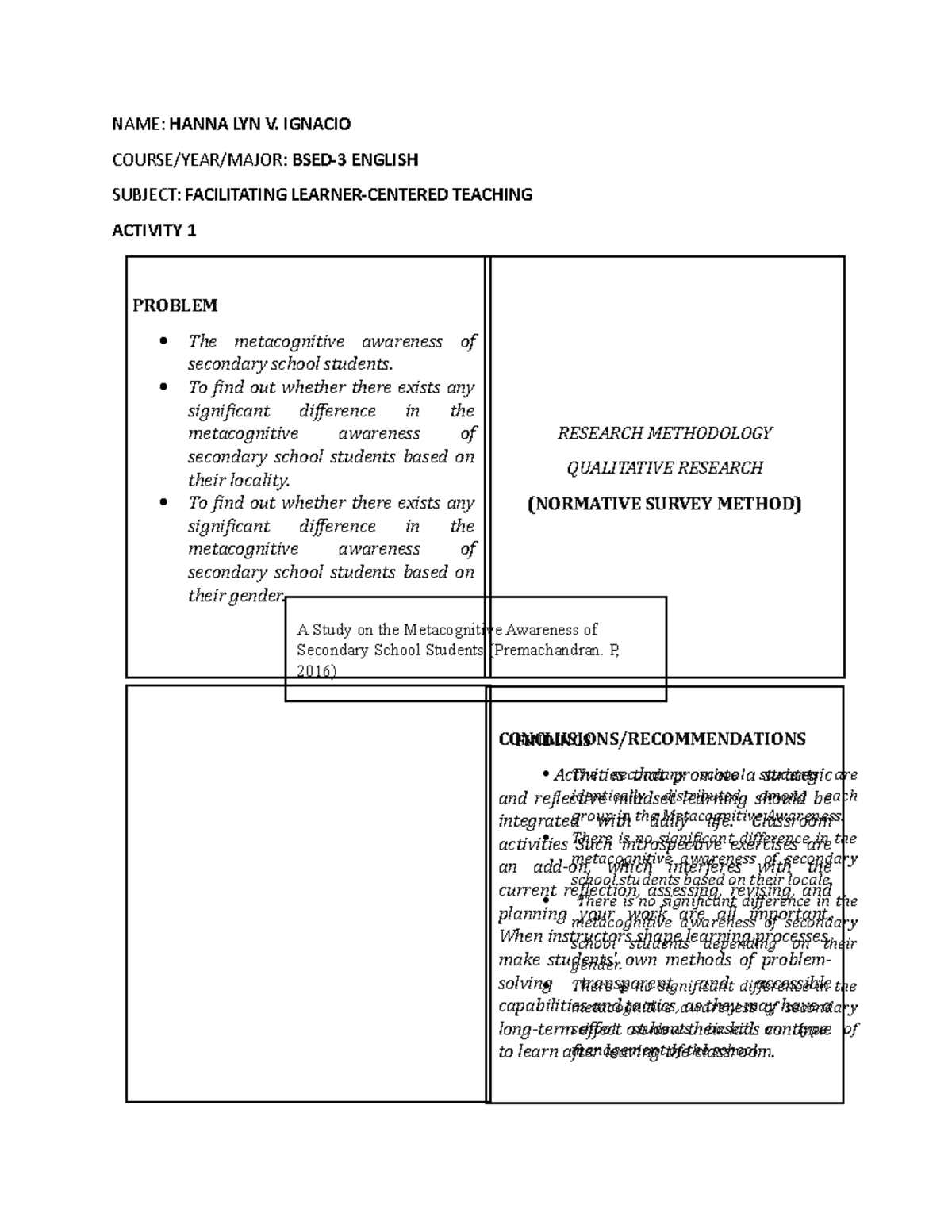 Facilitating Learner Centered Teaching - NAME: HANNA LYN V. IGNACIO ...