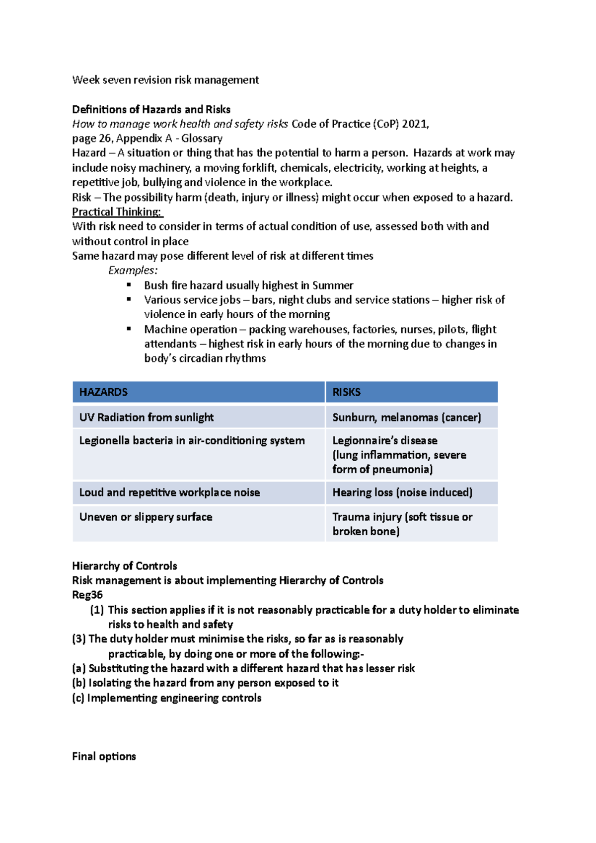 Week seven revision risk management - Week seven revision risk ...