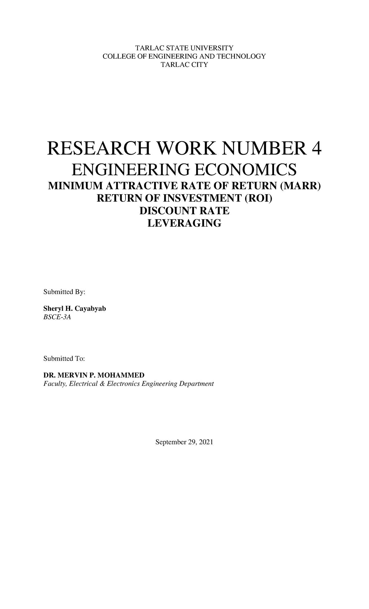 RW 4 - Research work 4 on Engineering Economy - TARLAC STATE UNIVERSITY ...