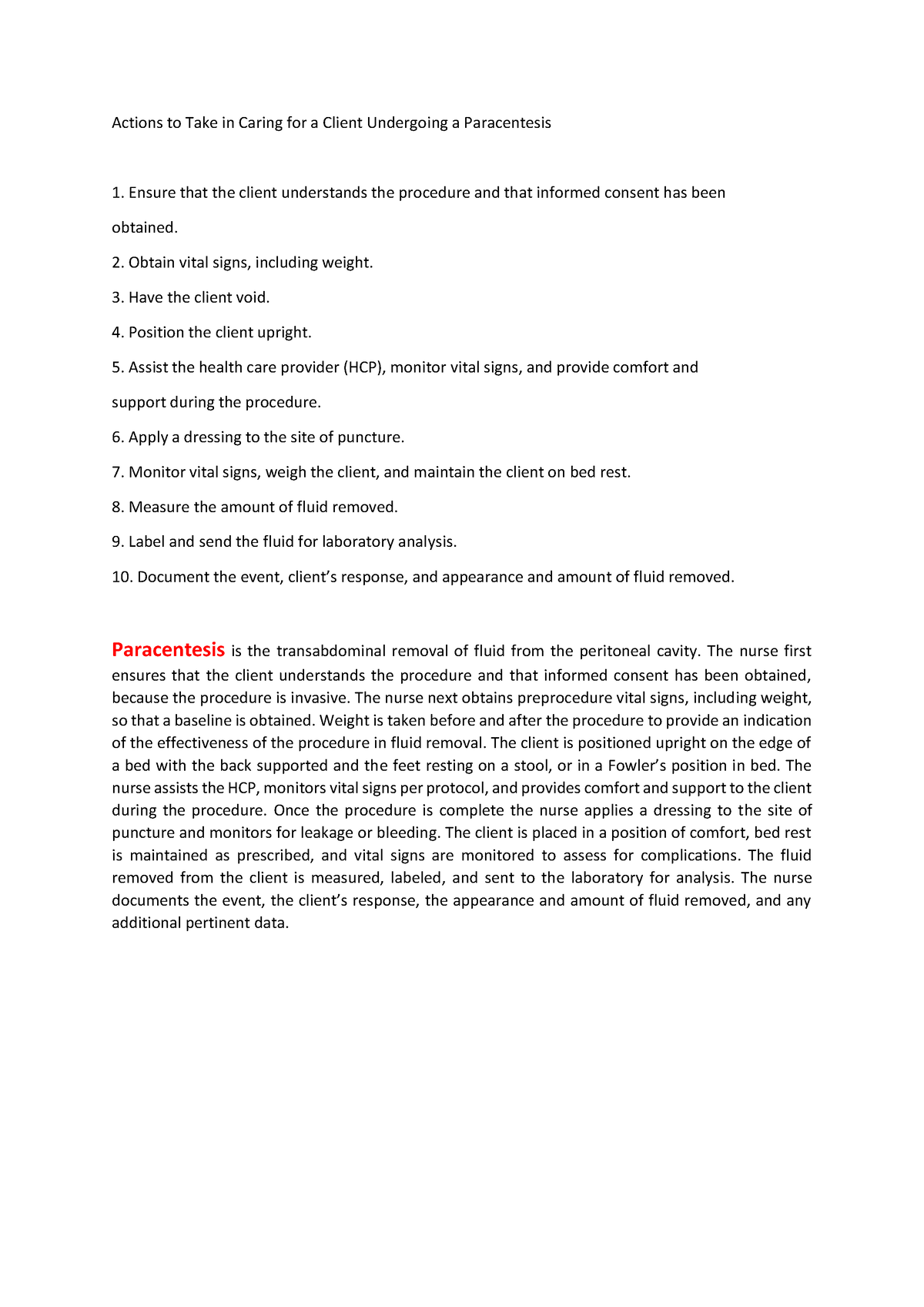 Client with Paracentesis - Actions to Take in Caring for a Client ...