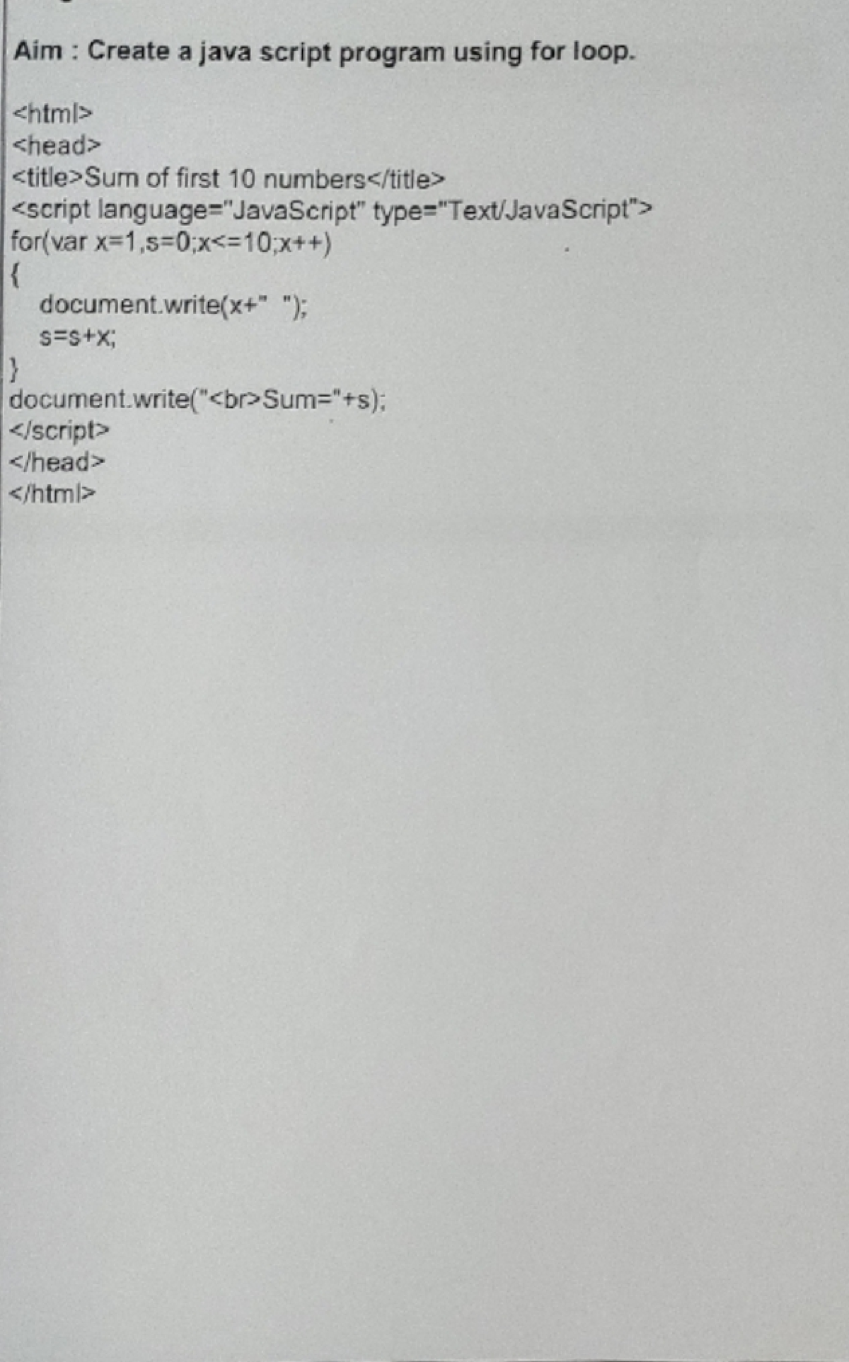 For loop in javascript - Practical questions - computer science - Studocu