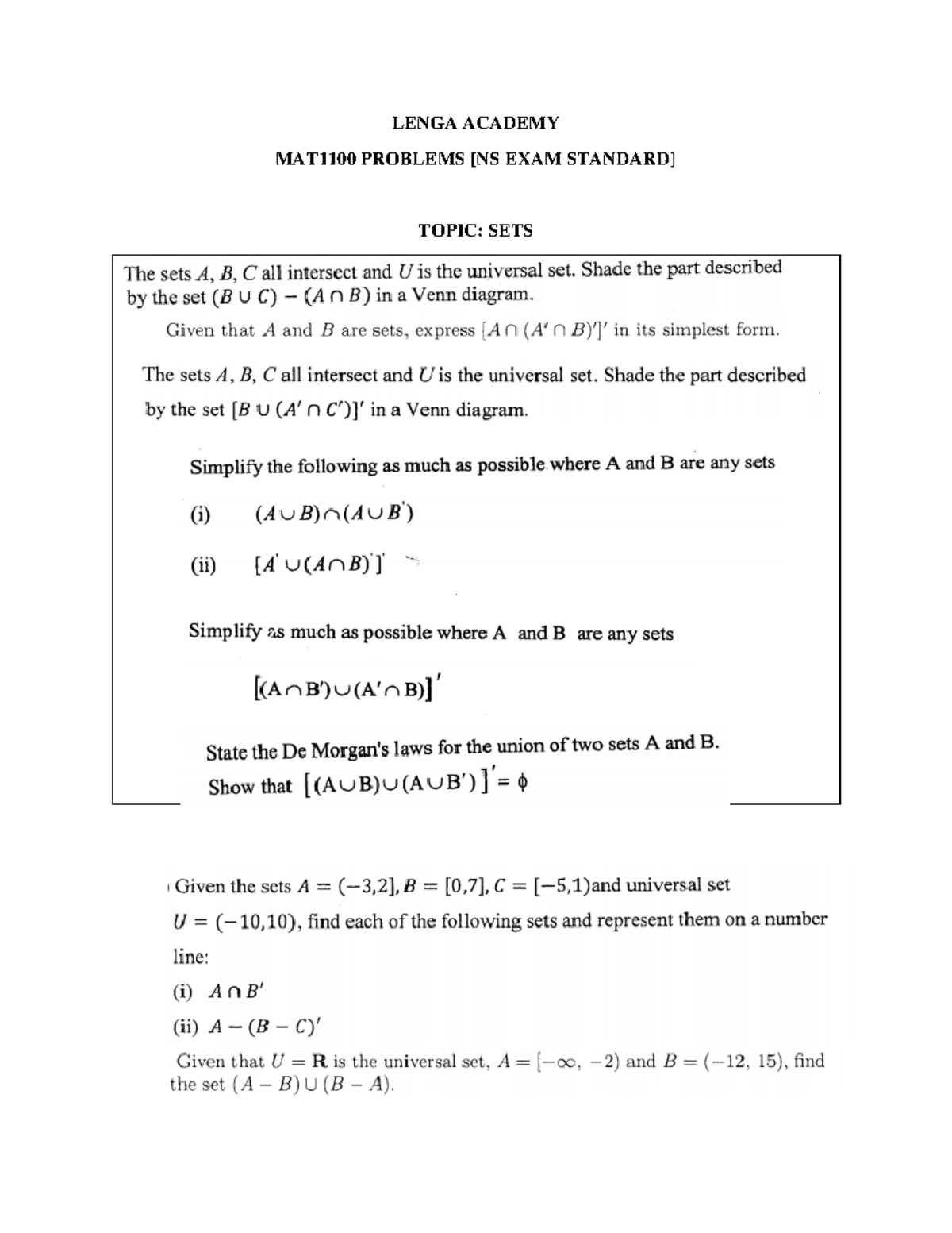 MAT 1100-SETS - good in sets - Introduction to mathematics - LENGA
