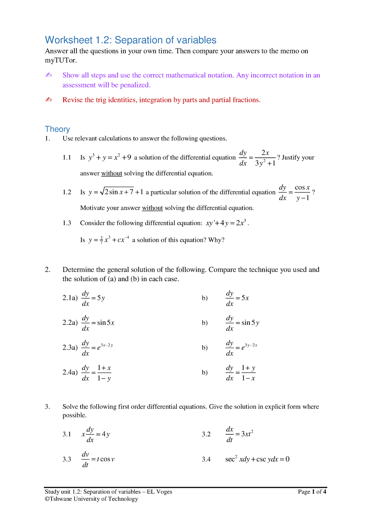 1 2 Worksheet - Solving ODE's using the method of seperable variables ...