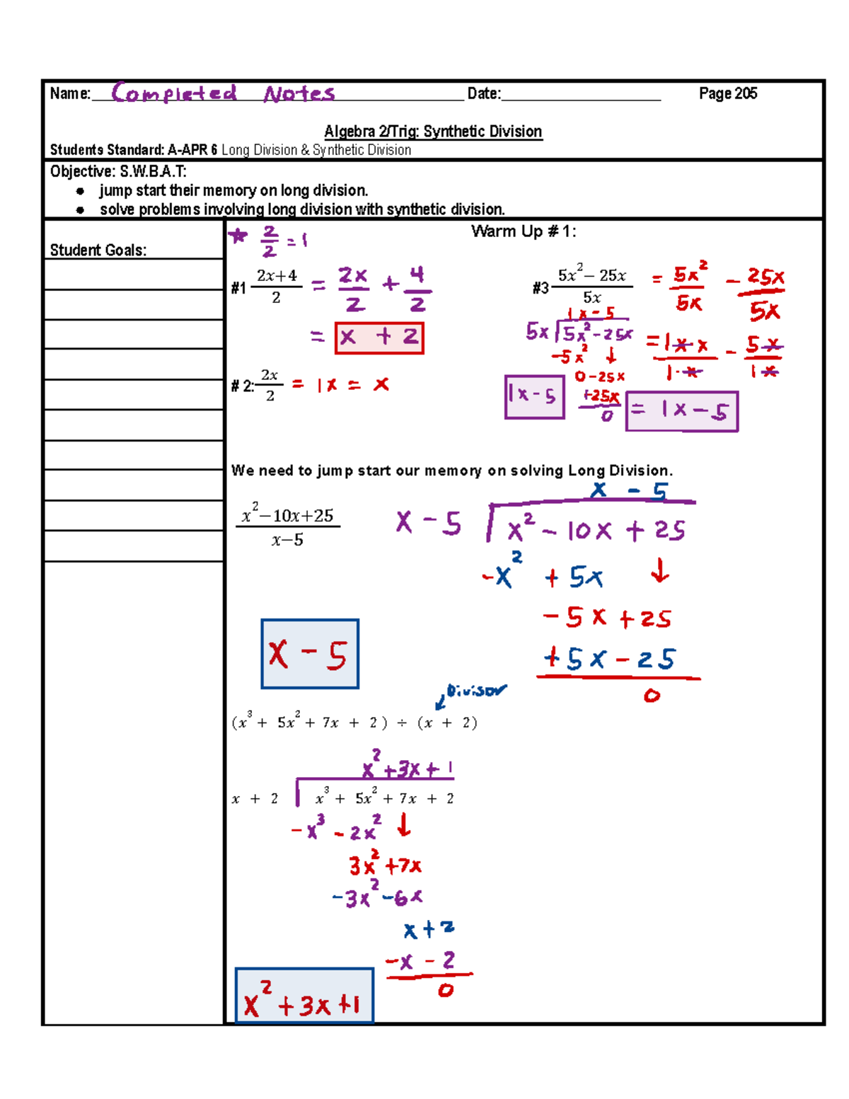 Algebra 2.B Synthetic Division Completed Notes - - Studocu