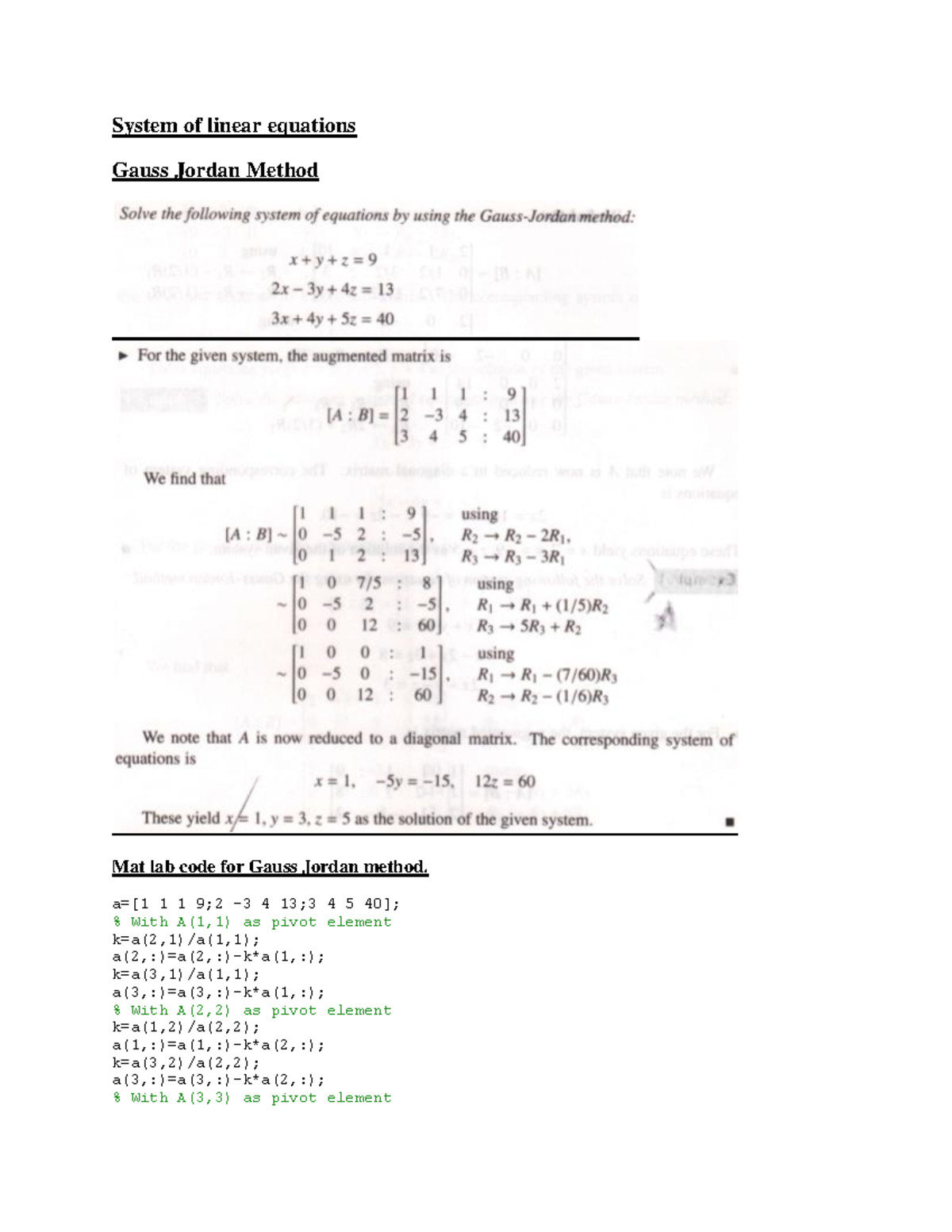 MAT LAB Exp 6 MAT LAB EXP 6 System of linear equations Gauss Jordan Method Mat lab code for