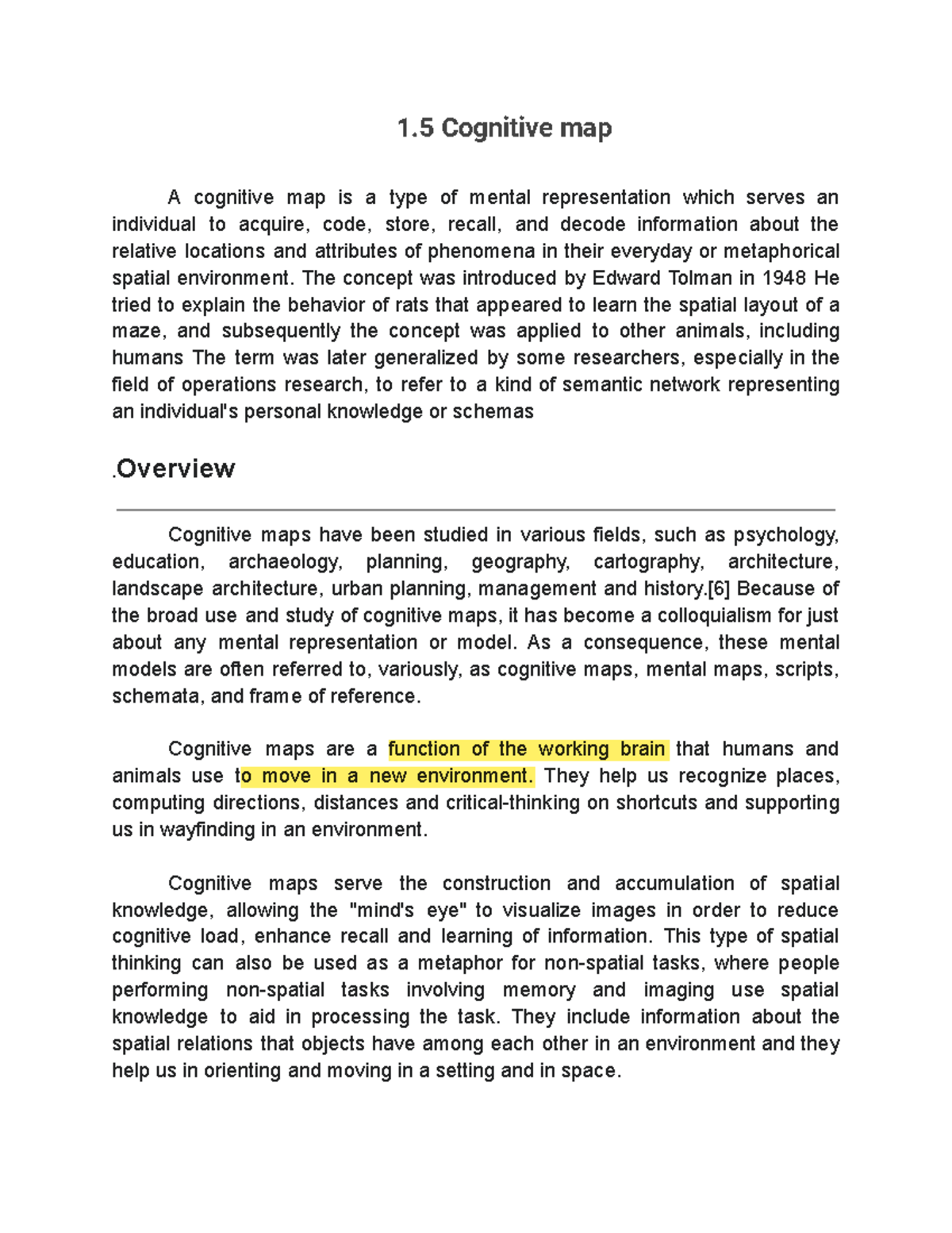 1.5 Cognitive Map Notes - 1 Cognitive Map A Cognitive Map Is A Type Of ...