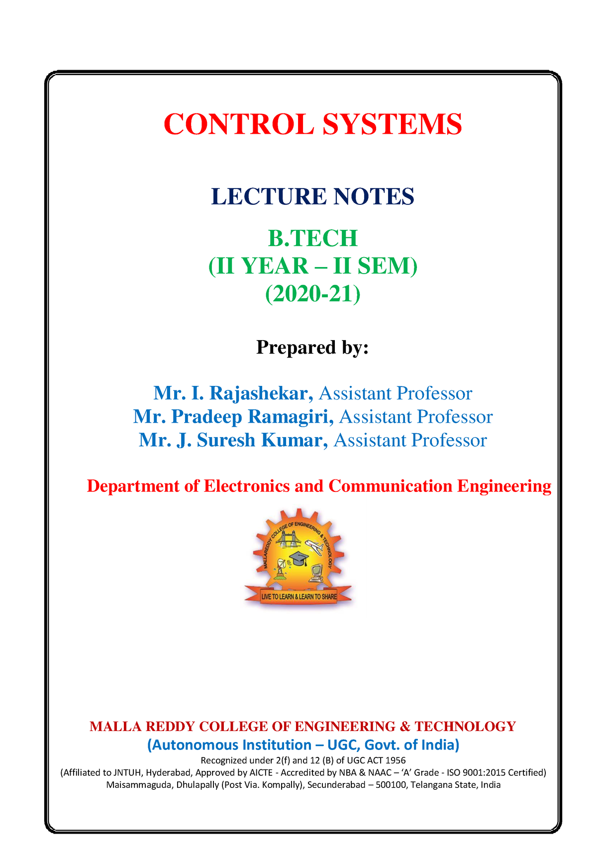 Control Systems - CONTROL SYSTEMS LECTURE NOTES B (II YEAR – II SEM ...