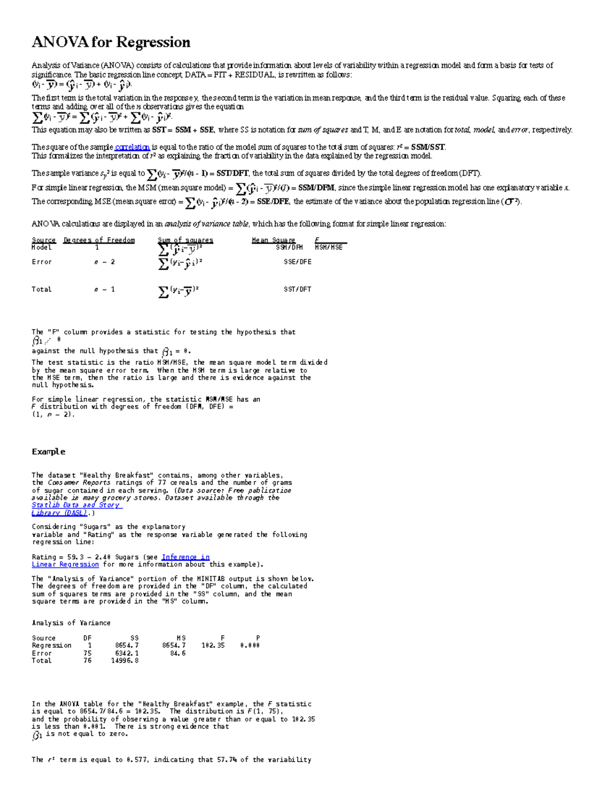 Anova for Regression - ANOVA for Regression Analysis of Variance (ANOVA ...