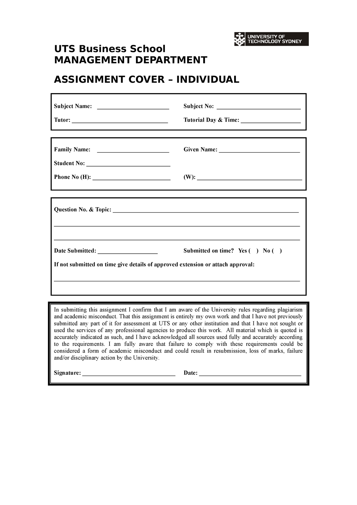 uts feit assignment cover sheet