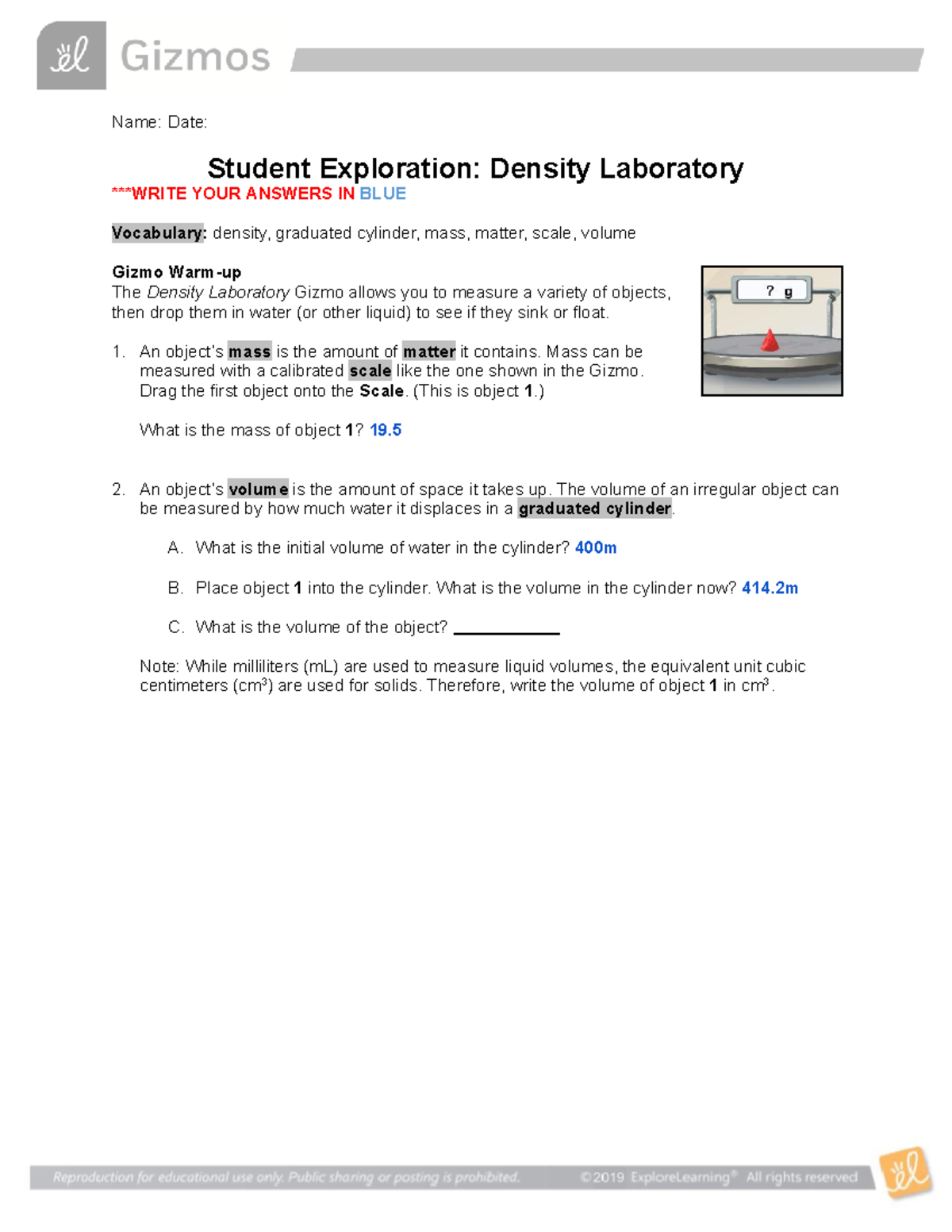 Density Lab Gizmo Name Date Student Exploration Density Laboratory