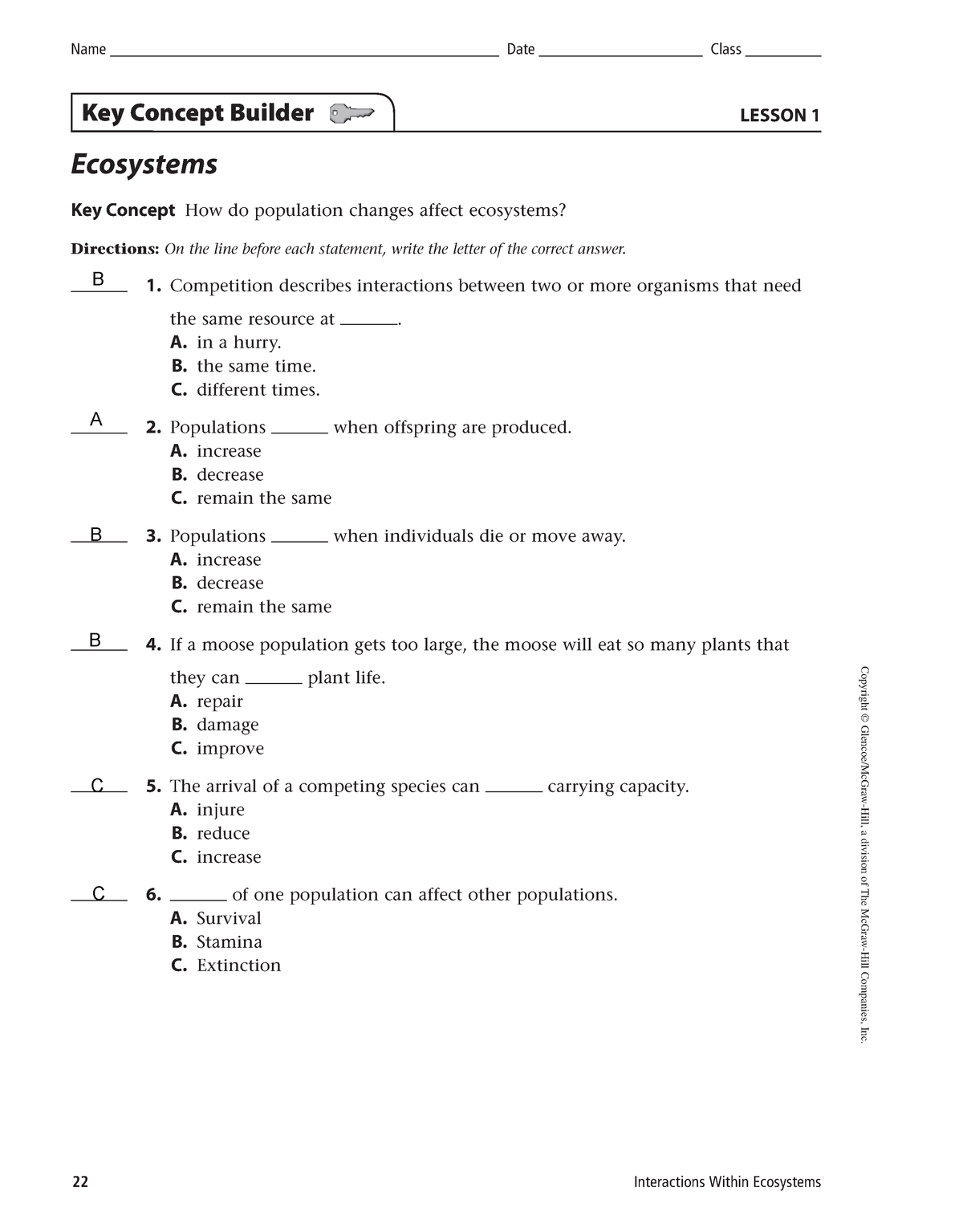 Ecosystems Population Changes - Copyright © Glencoe/McGraw-Hill, A ...