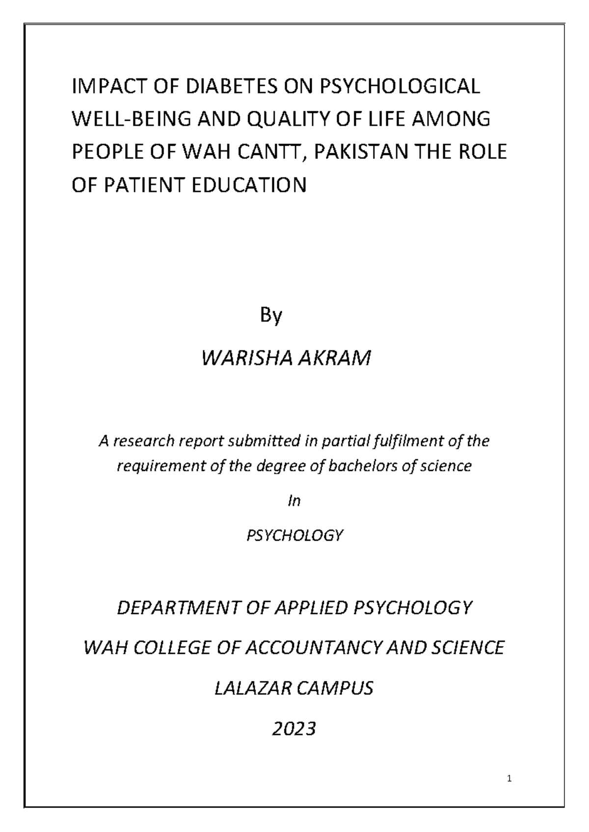 psychology works IMPACT OF DIABETES ON PSYCHOLOGICAL WELLBEING AND QUALITY OF LIFE AMONG