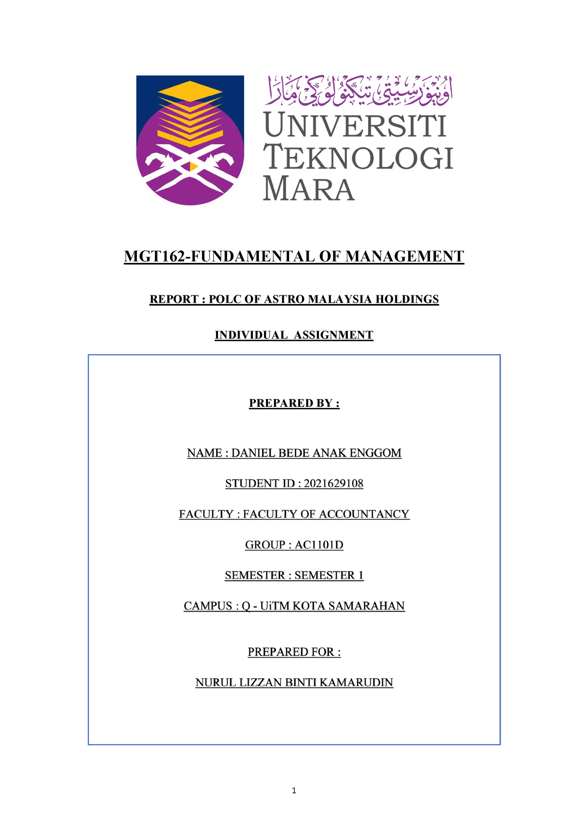 MGT162 Individual Assignment-POLC ASTRO INDIVIDUAL ASSIGNMENT - MGT162 ...