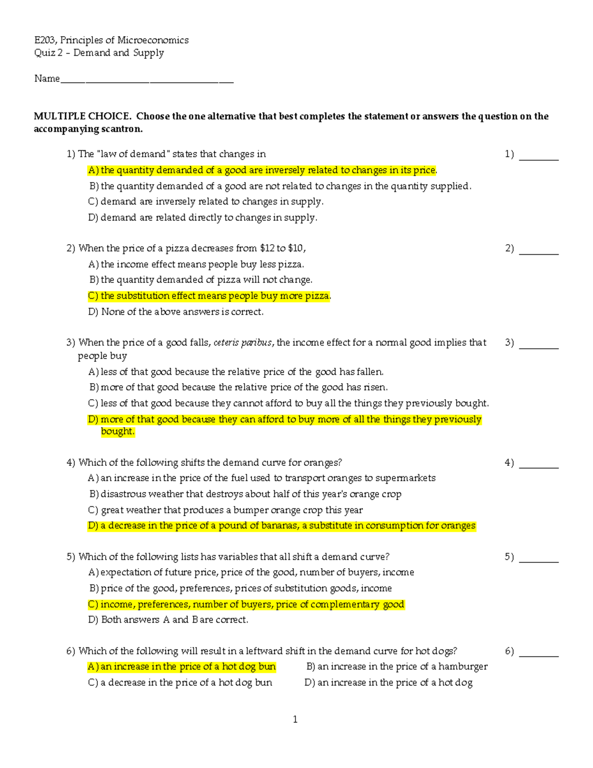 Micro quiz 2 - good - E203, Principles of Microeconomics Quiz 2 ...