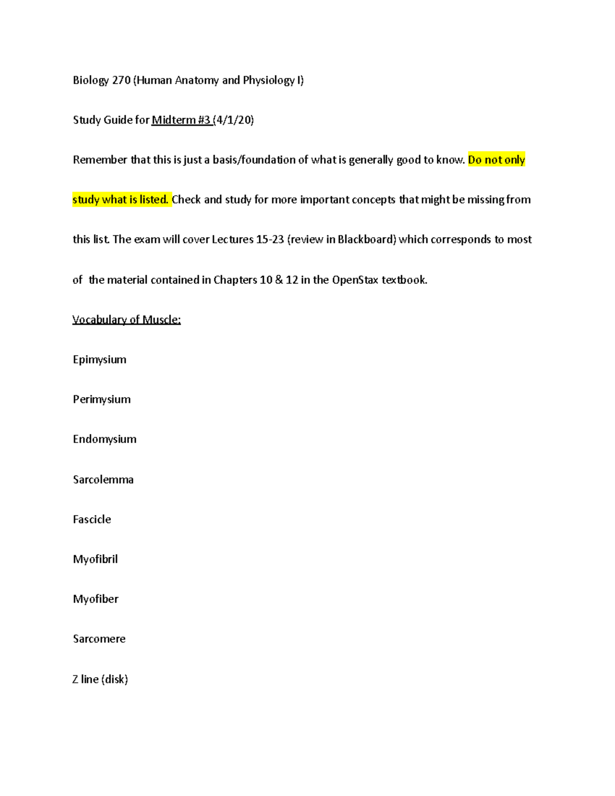 Study Guide Midterm 3(1) - Biology 270 (Human Anatomy and Physiology I ...
