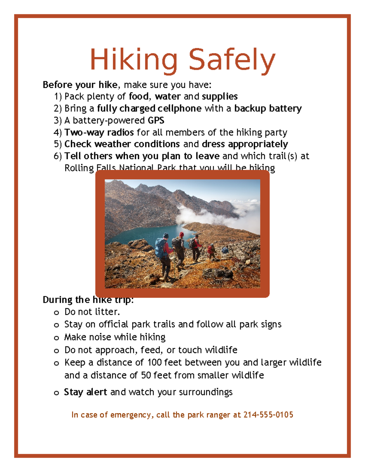 SC WD 1 Safe Hiking Flyer Hiking Safely Before your hike, make sure