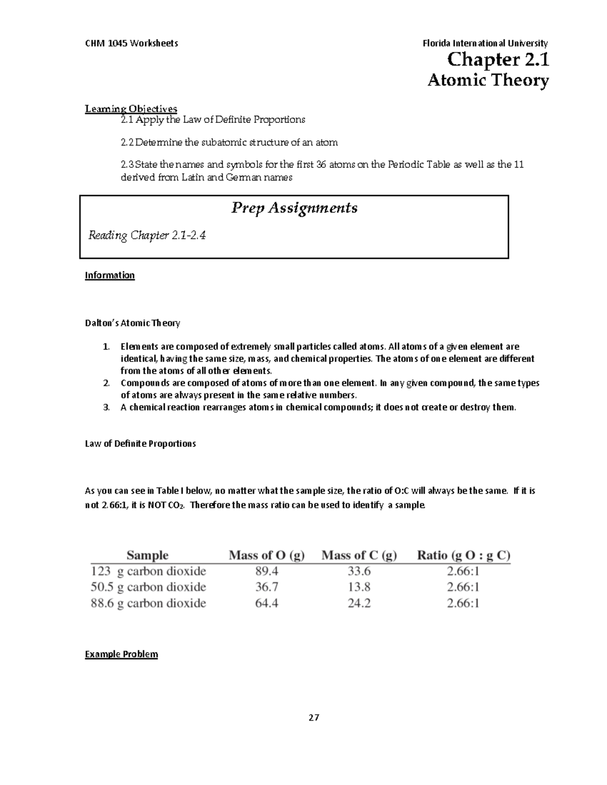 2.1 Law of Definite Proportions - CHM 1045 Worksheets Florida ...