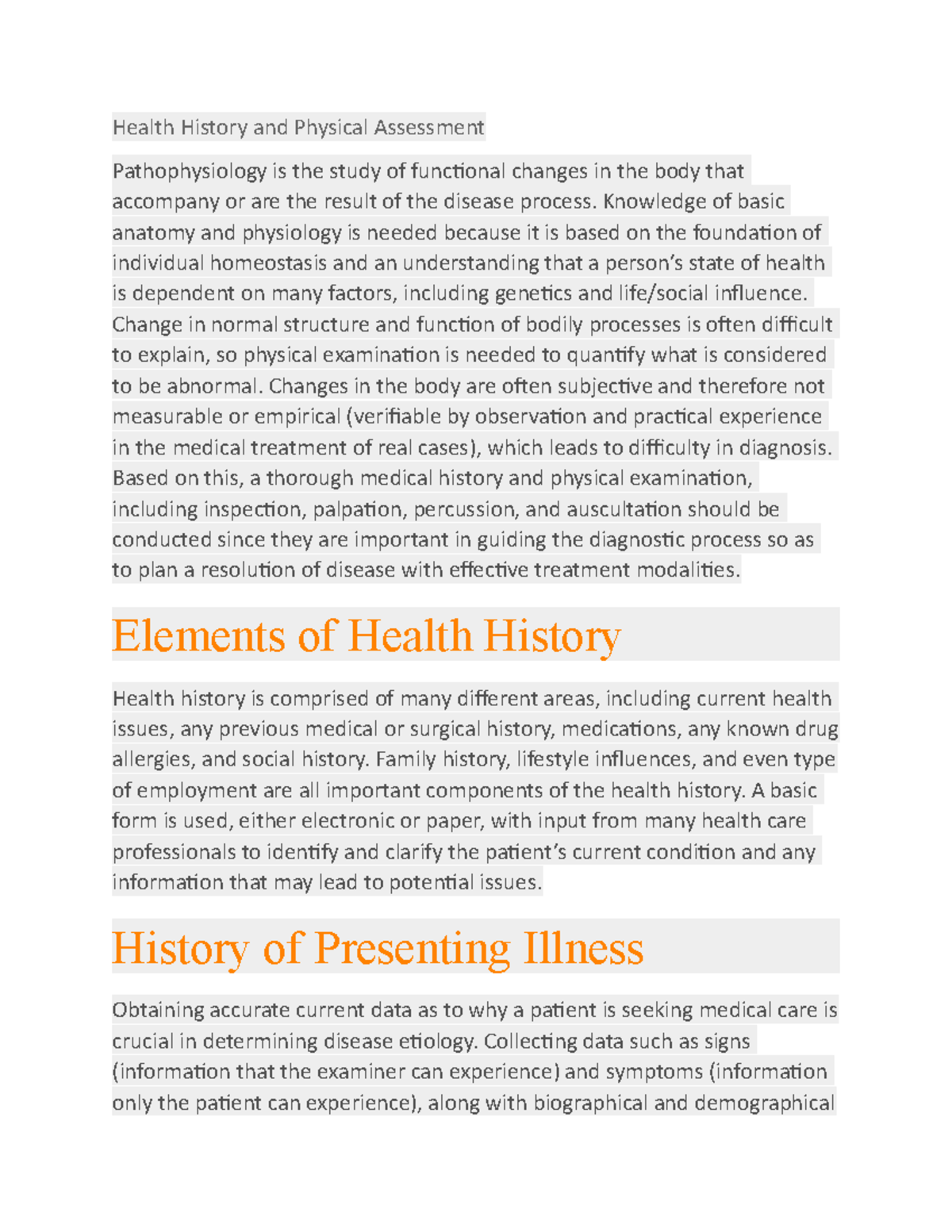 Health alt. Health History and Physical Assessment Health History and