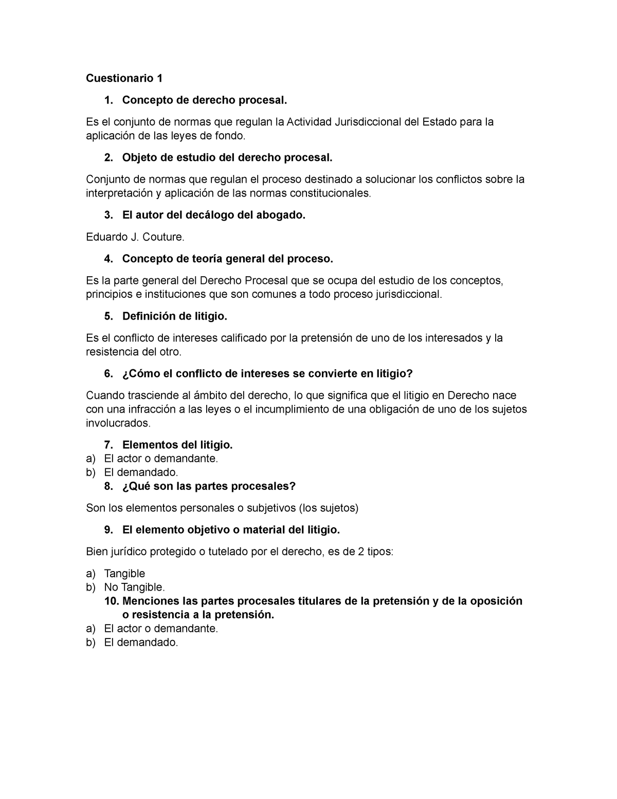 Cuestionarios Teoria General Del Proceso Concepto De Derecho Procesal