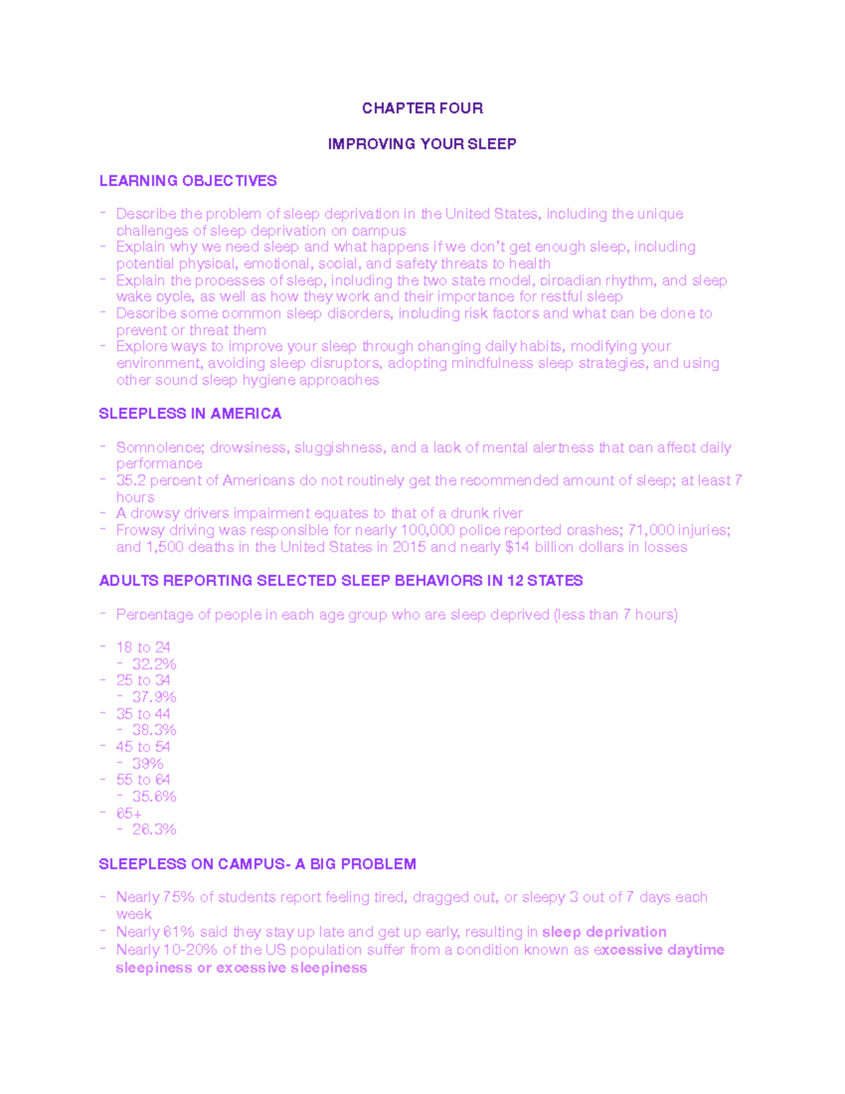Health chapter 4 - CHAPTER FOUR IMPROVING YOUR SLEEP LEARNING OBJECTIVES -  Describe the problem of - Studocu