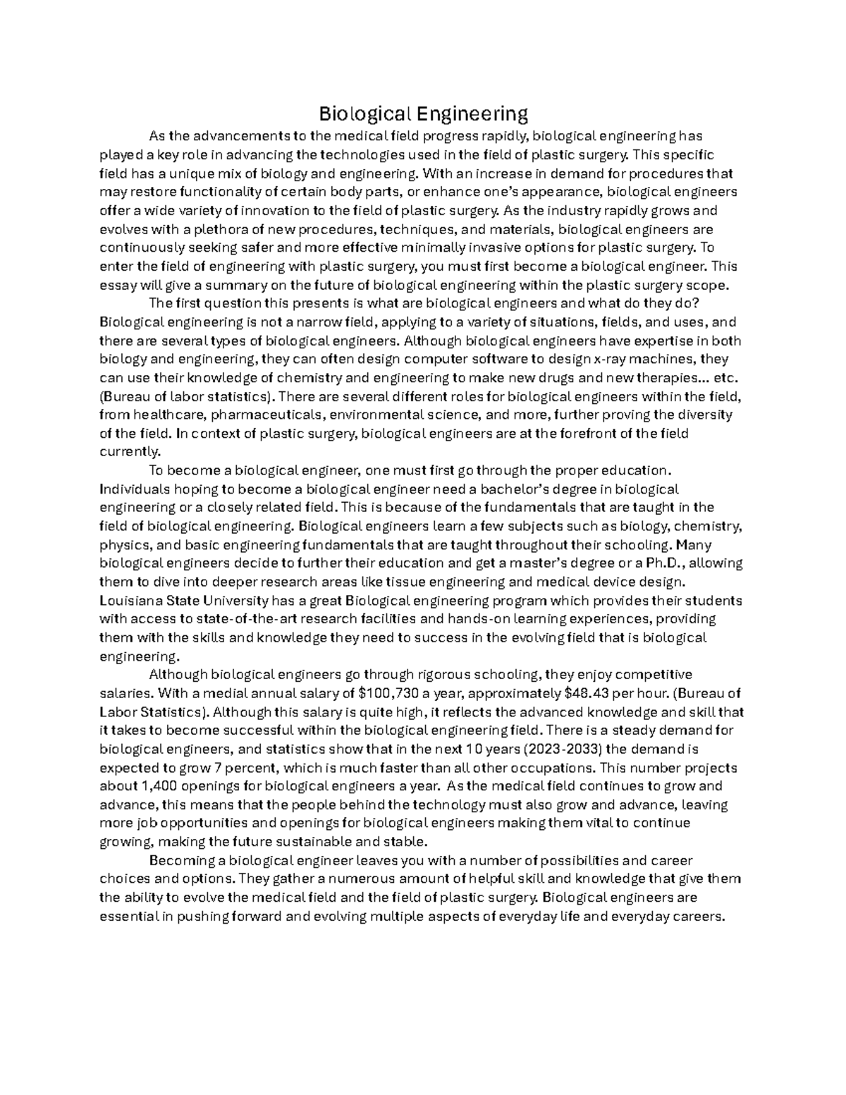 Completed Career Assignment Part 1 Biological Engineering As The