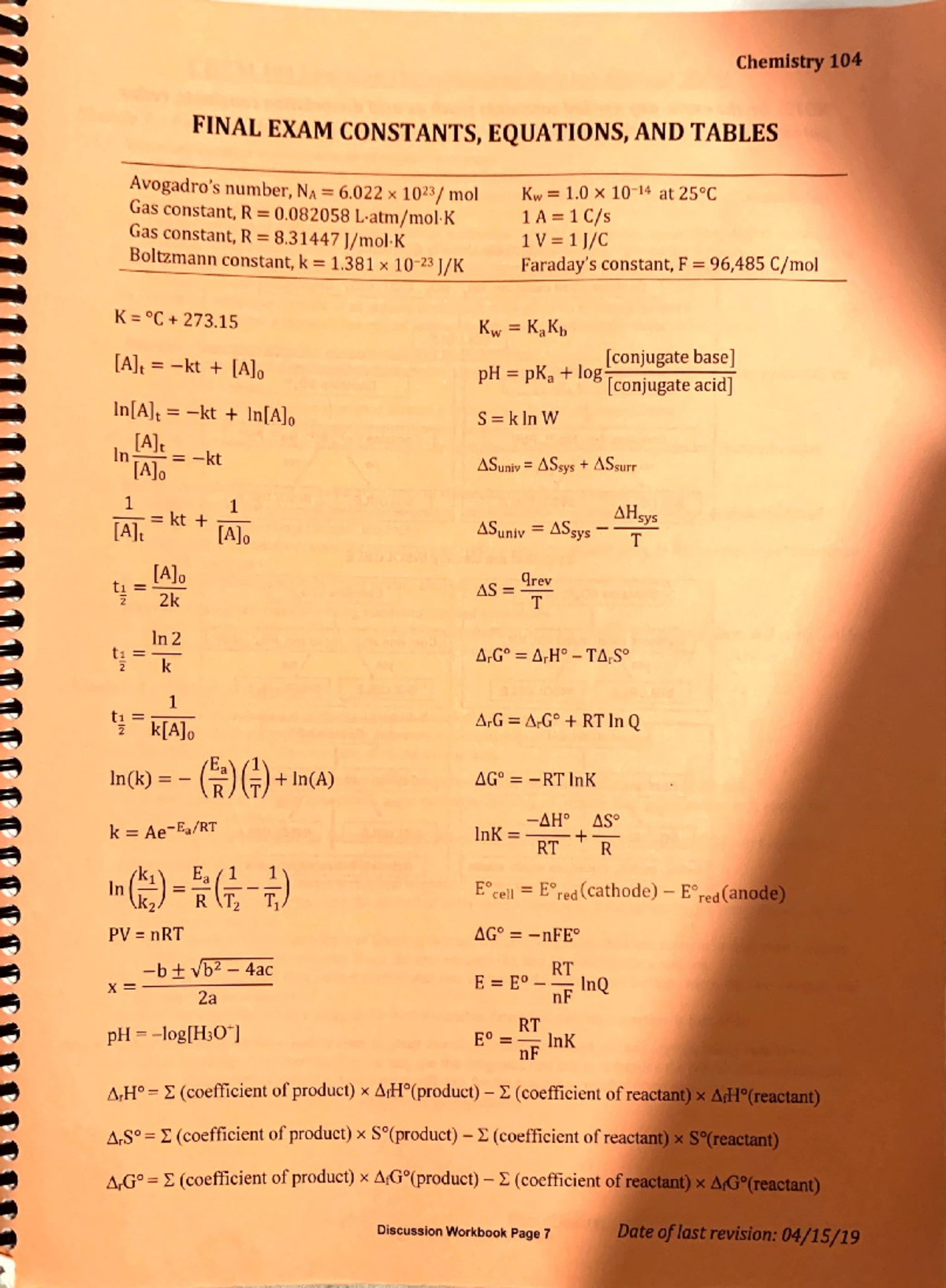Learning Outcomes - Chemistry 104 FINAL EXAM CONSTANTS, EQUATIONS, AND ...