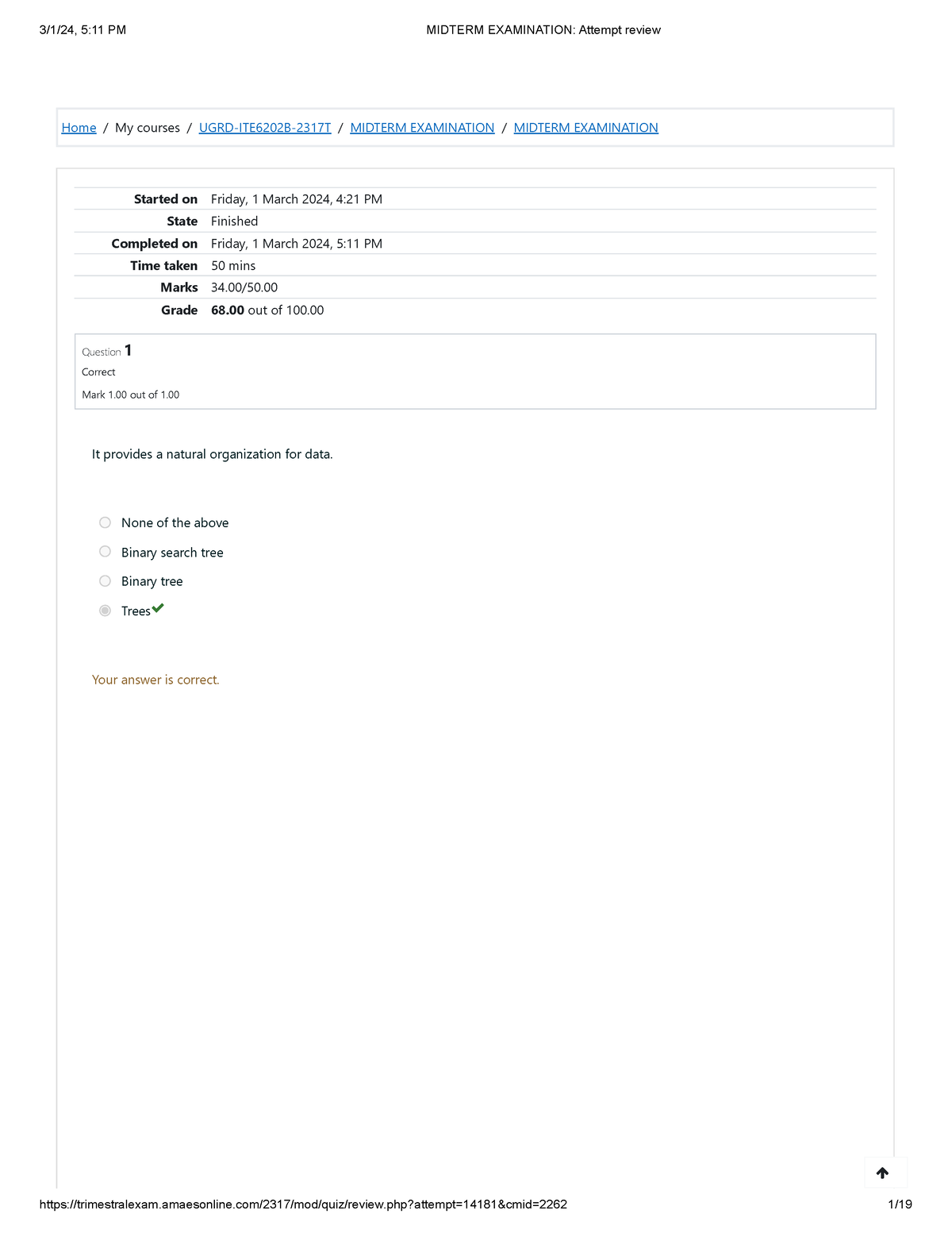 Datastructure Midterm Examination Attempt Review - Home / My Courses ...