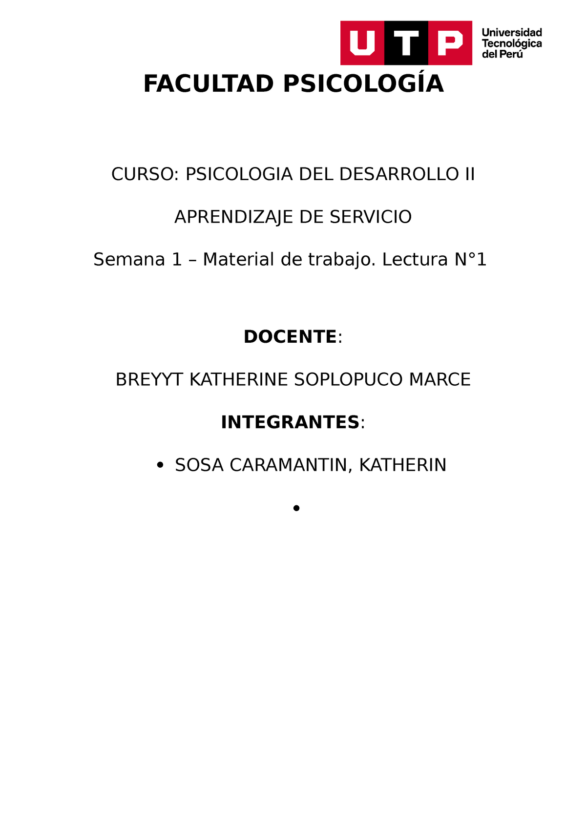 Lectura Nº1 - Documento O De Prueba - FACULTAD PSICOLOG䤃ĀA CURSO ...