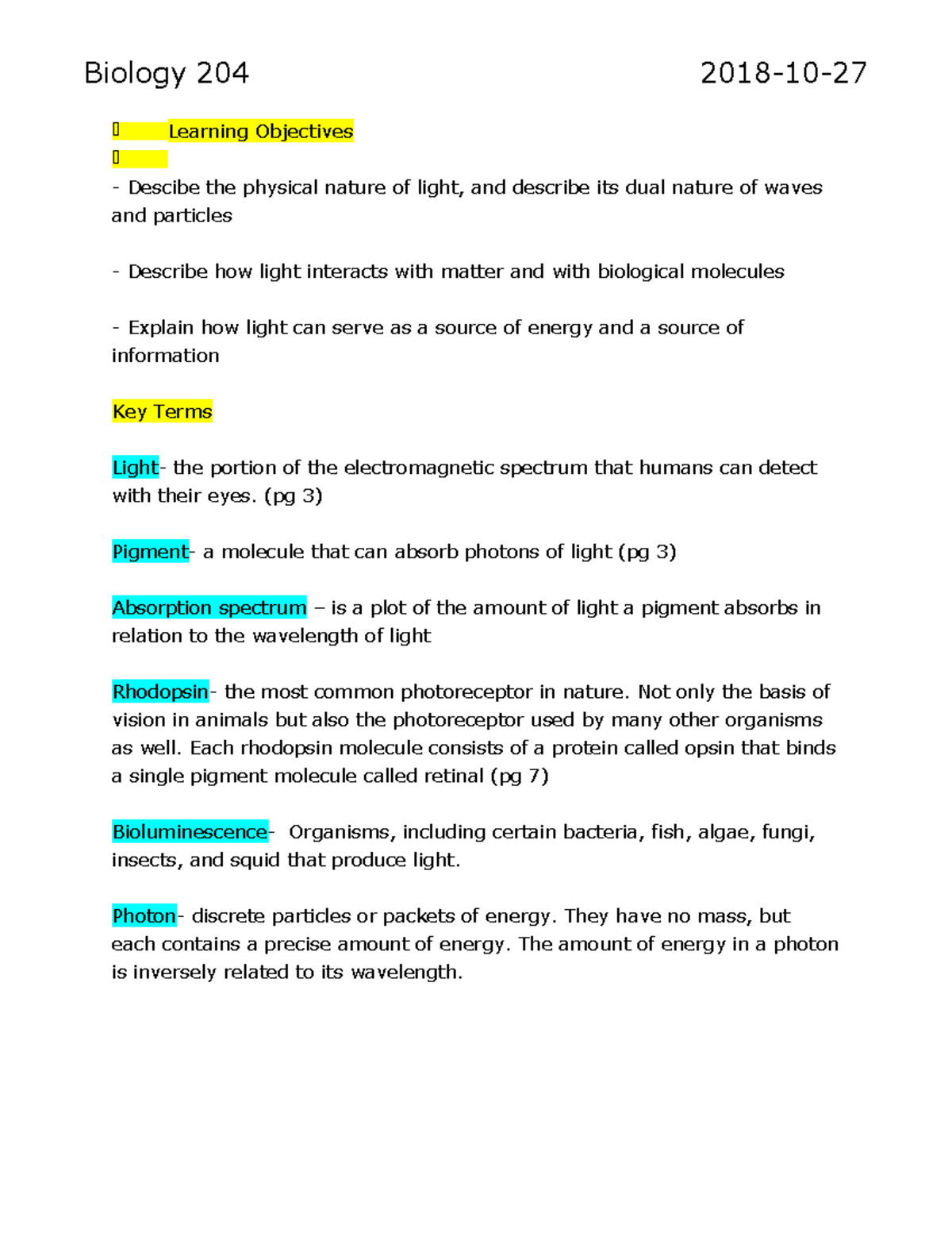 Biology 204 - Lecture notes 1-2 - Biology 204 2018-10-27 Learning ...