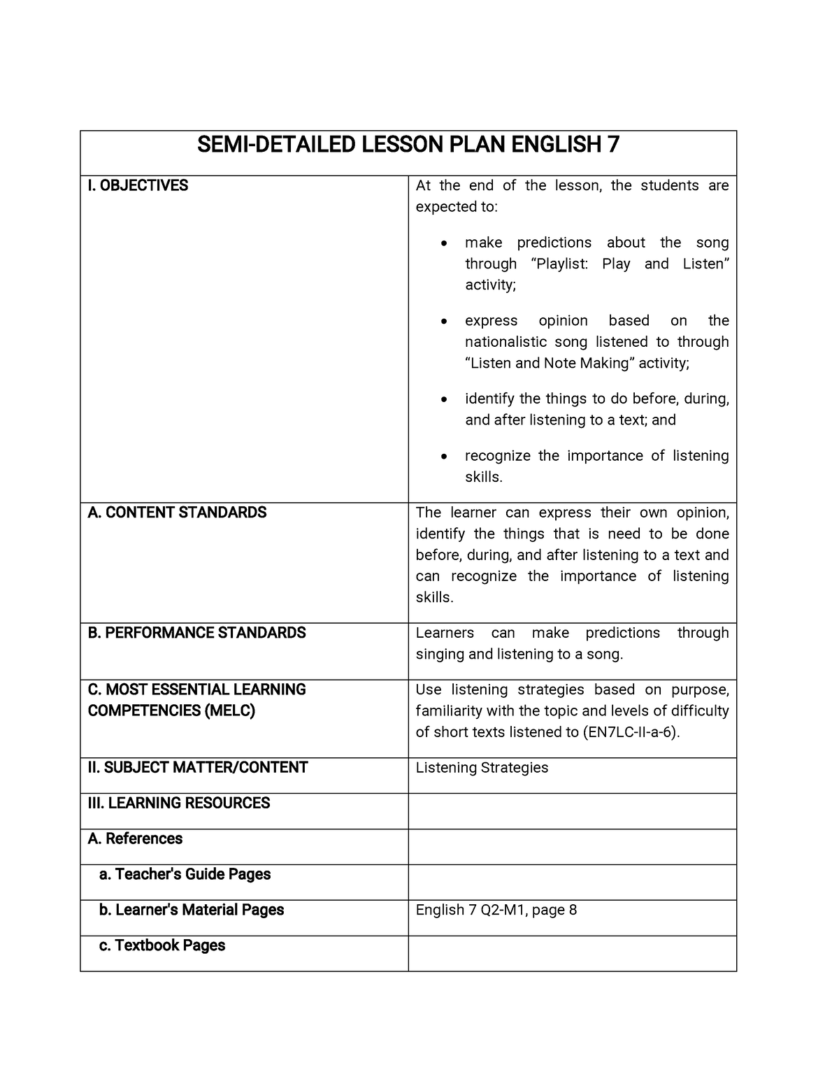 SEMI DLP - Lesson Plan - SEMI-DETAILED LESSON PLAN ENGLISH 7 I ...