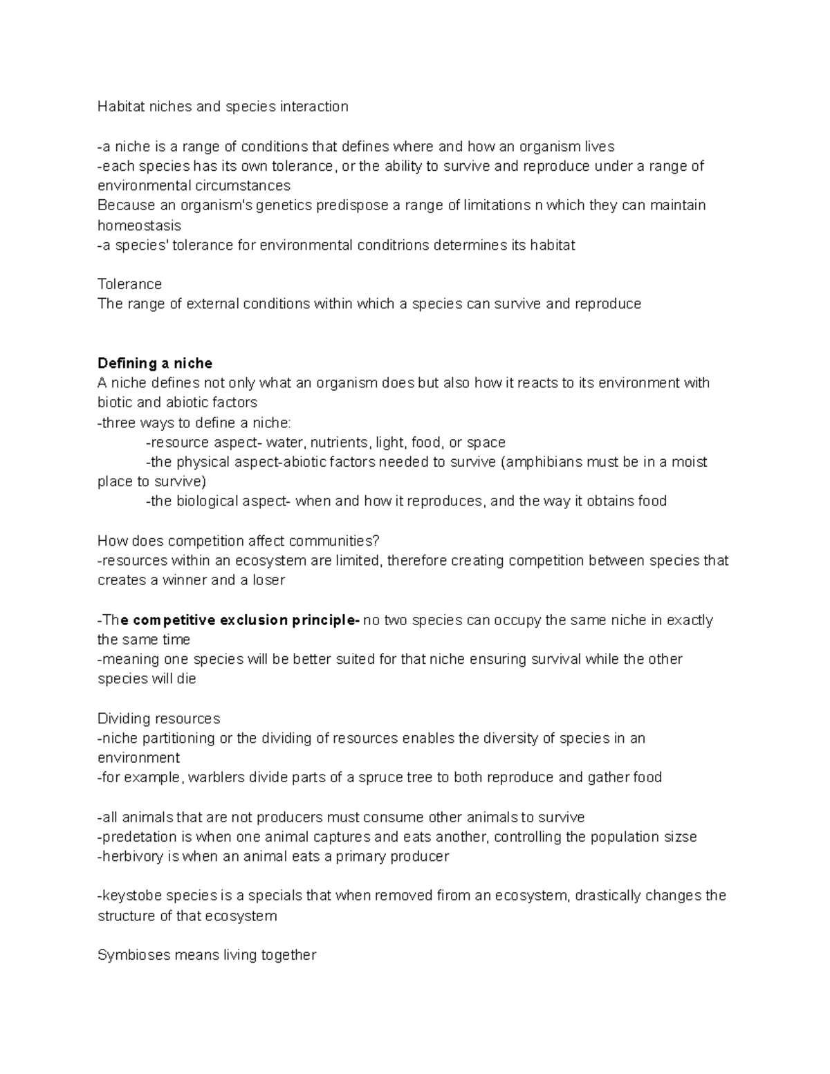 Chapter 6 notes Habitat niches and species interaction a niche is a