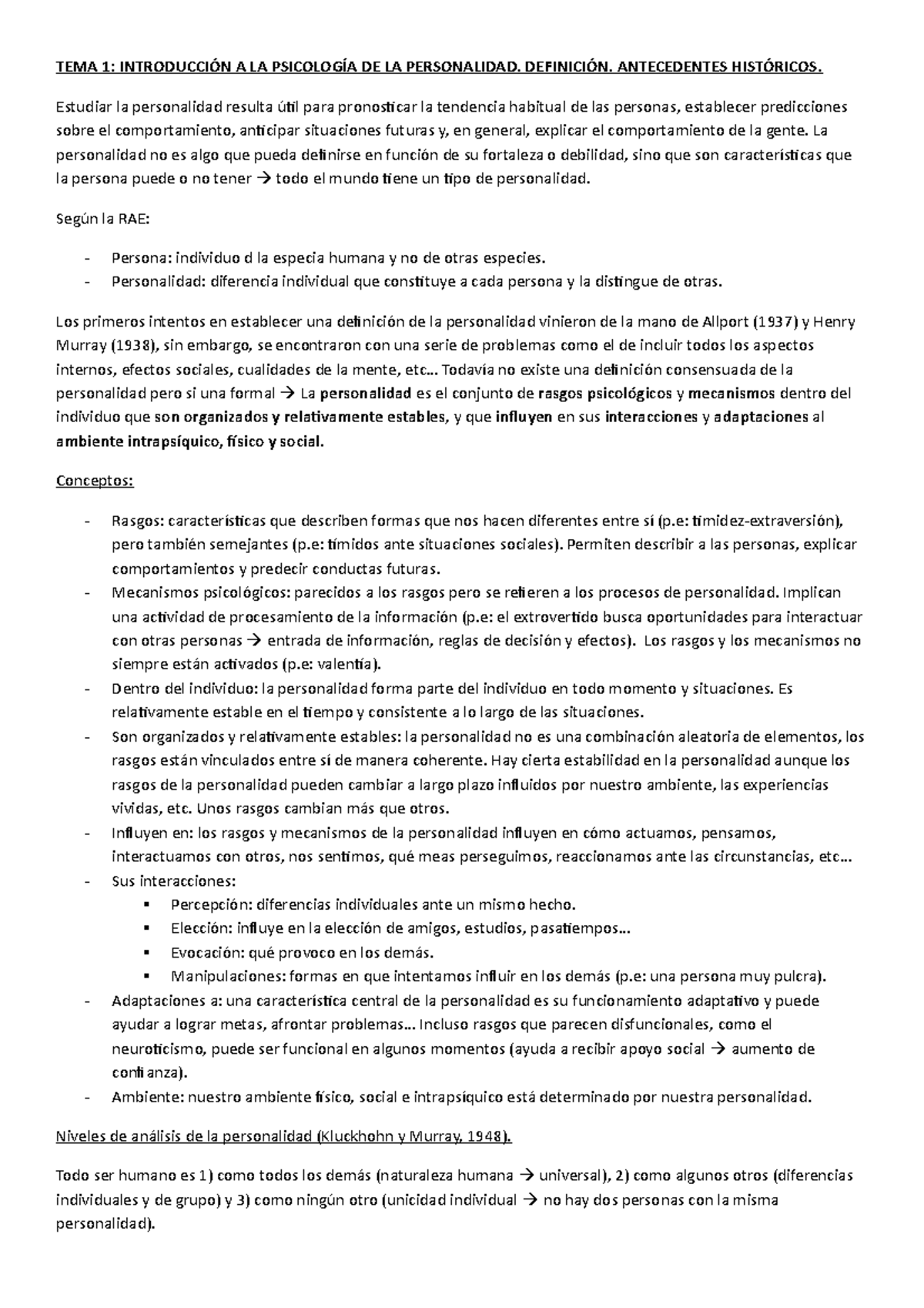 TEMA 1 - Apuntes 1 - TEMA 1: A LA DE LA PERSONALIDAD. ANTECEDENTES ...