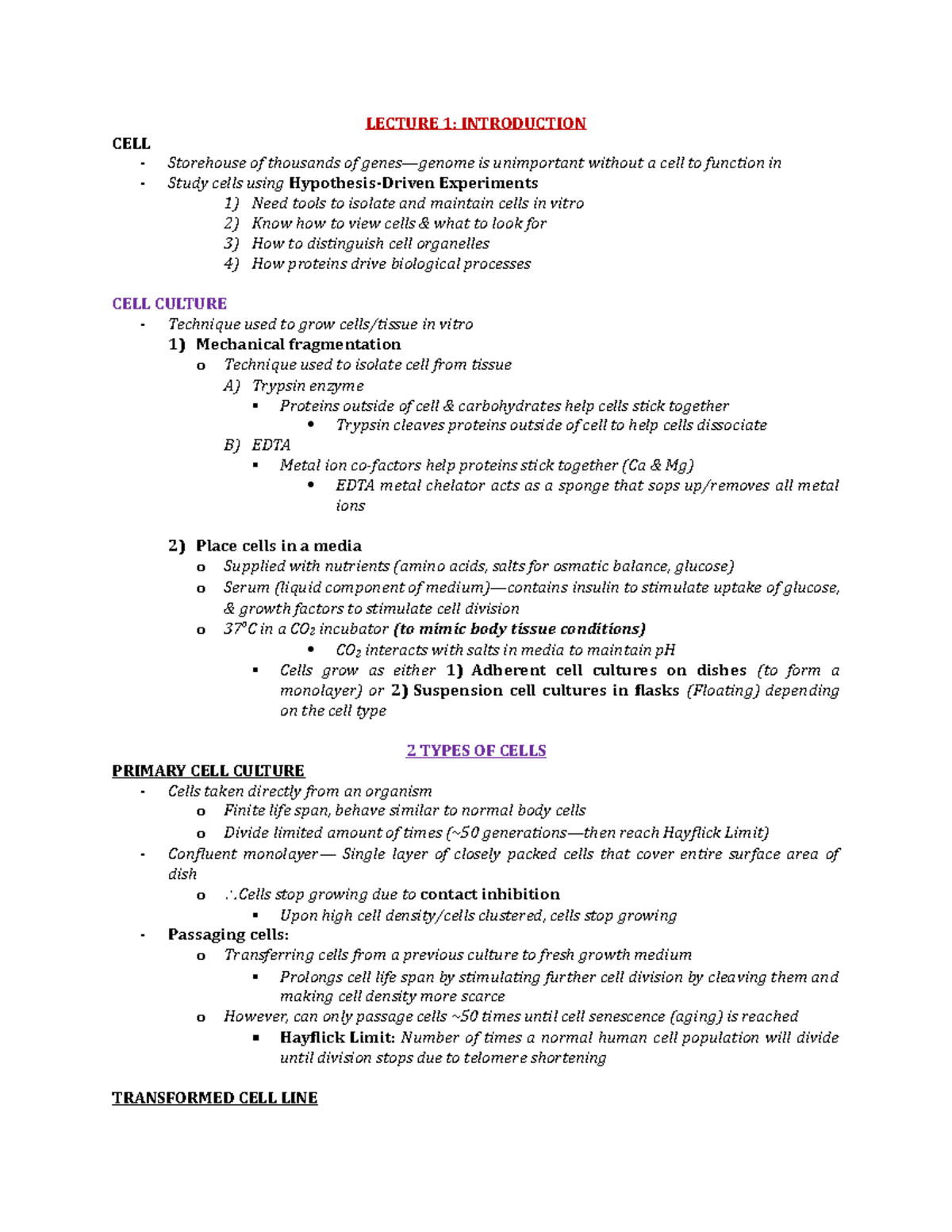 Cell Biology Midterm 1 Notes LECTURE 1 INTRODUCTION CELL