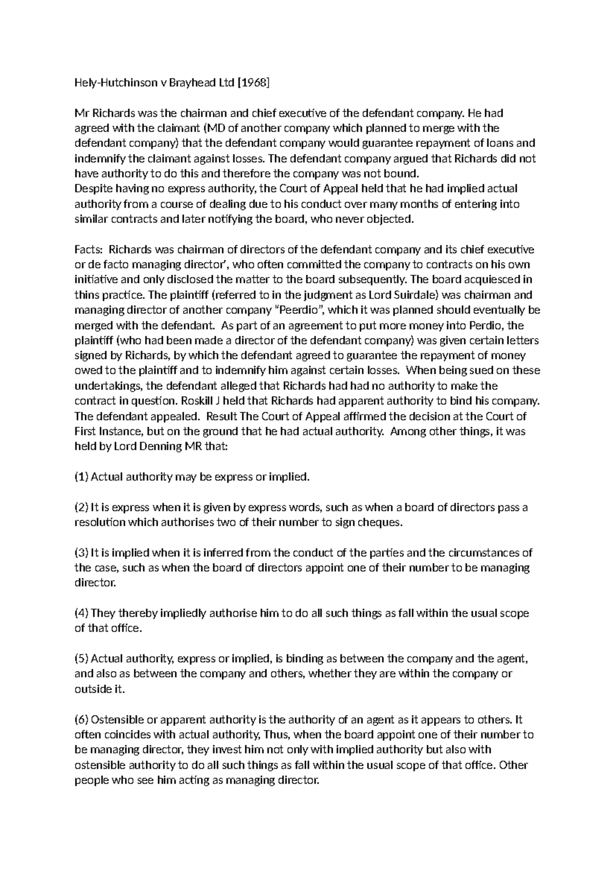 Prepare WK 3 HelyHutchinson v Brayhead Ltd [1968] Mr Richards was