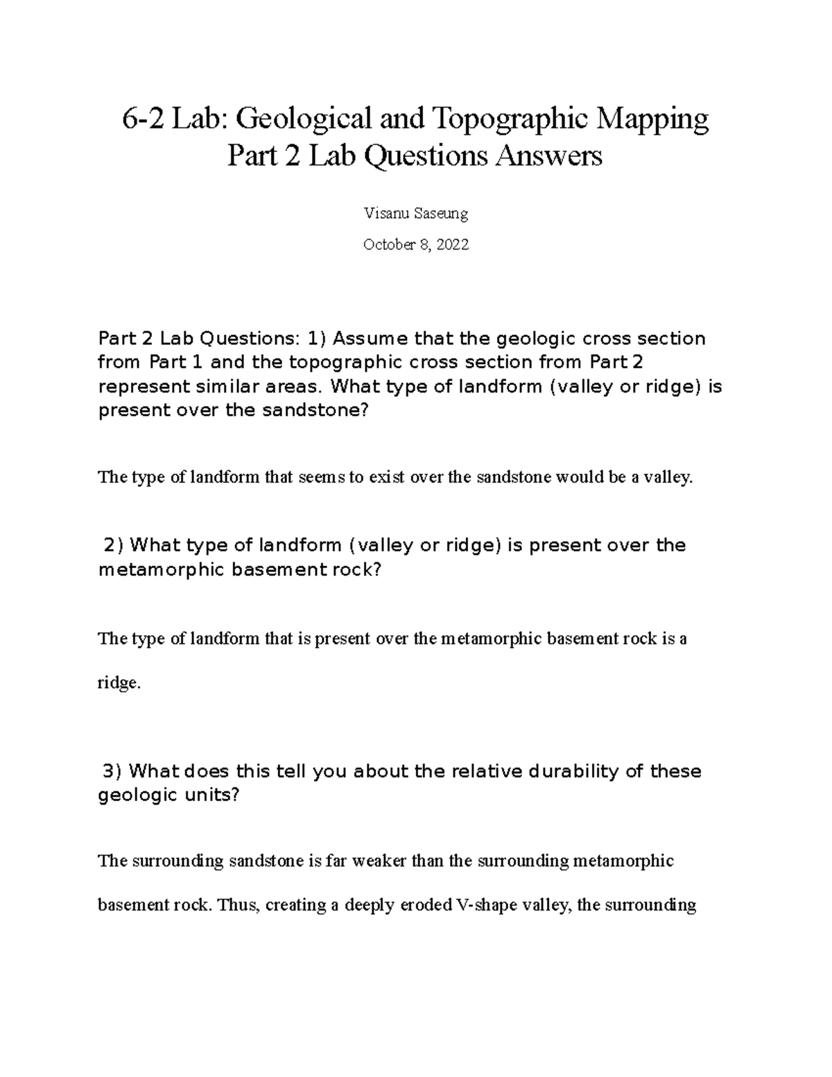 62 Lab Part 2 Question Answers 62 Lab Geological and Topographic