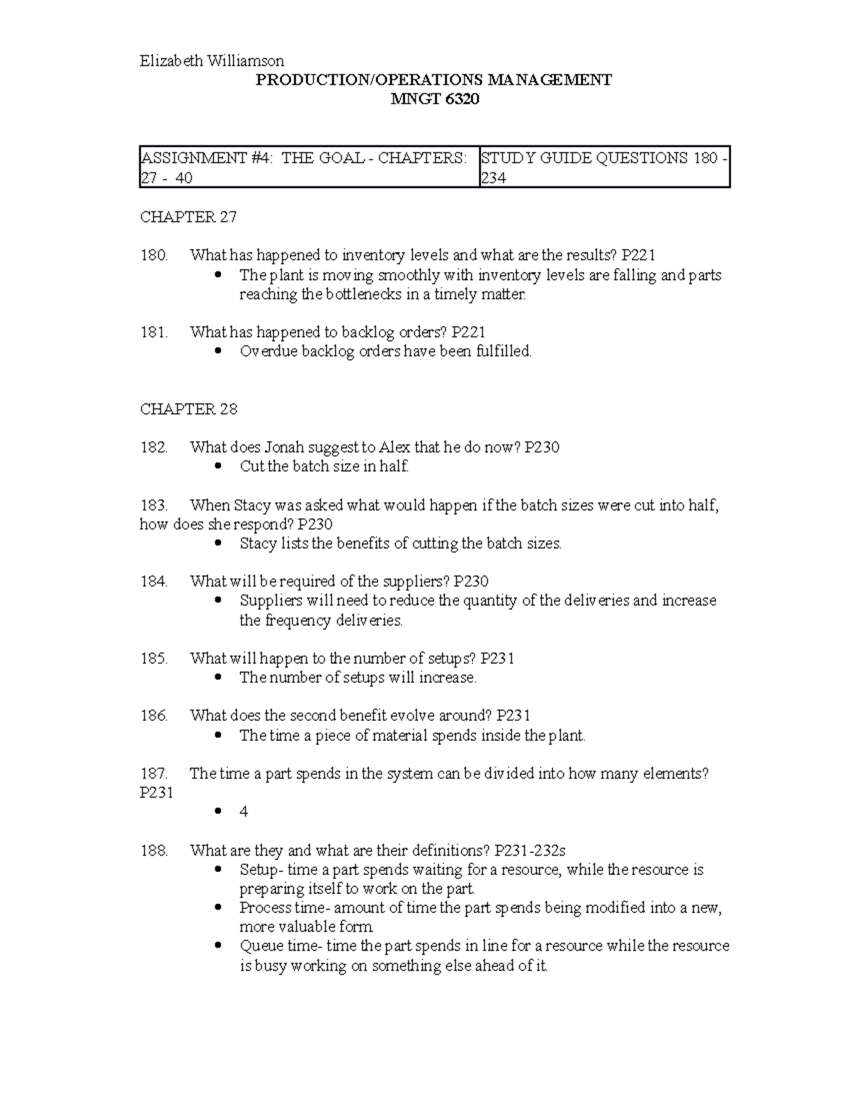 MNGT 6320 M4 M4.doc Elizabeth Williamson PRODUCTION/OPERATIONS