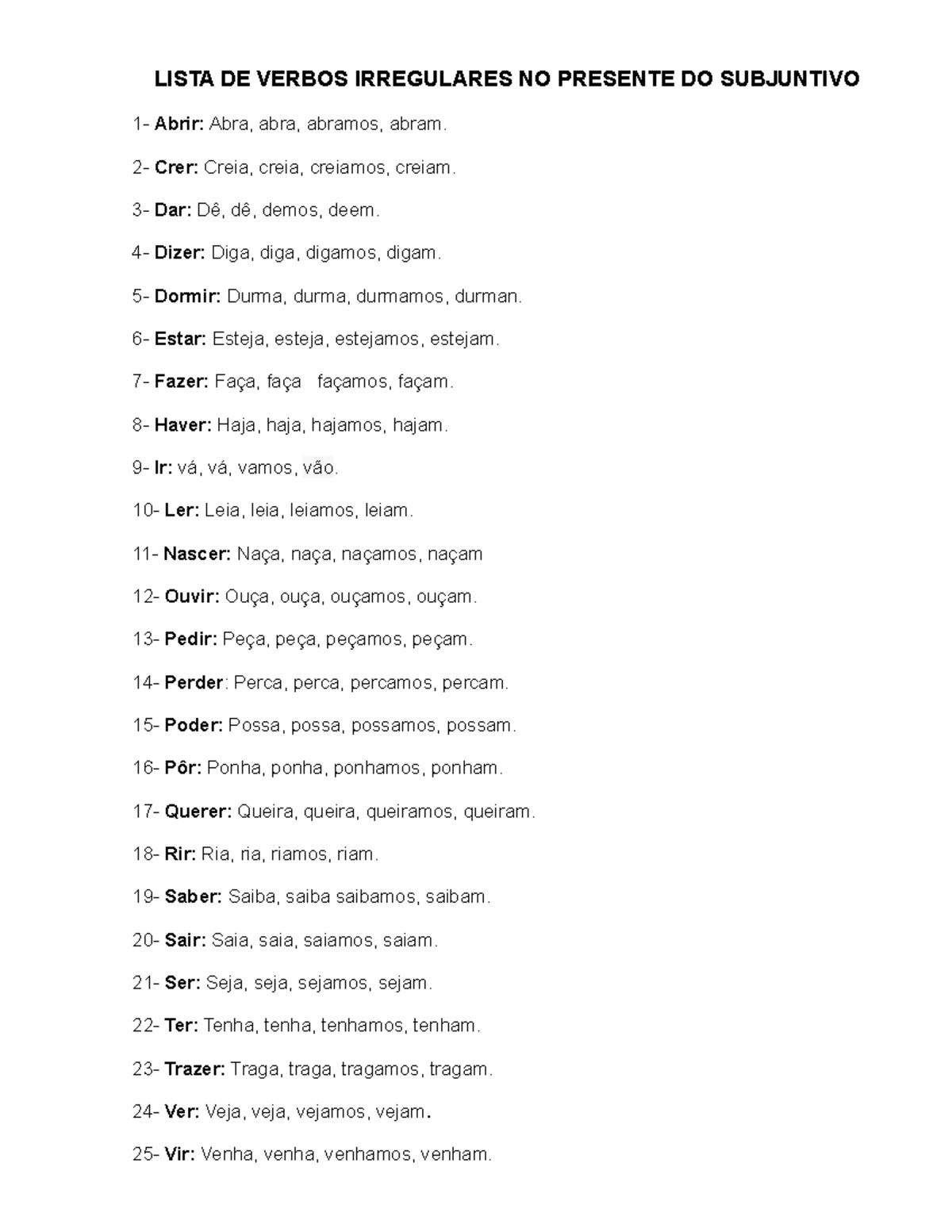 Lista DE Verbos Irregulares NO Presente DO Subjuntivo - LISTA DE VERBOS ...
