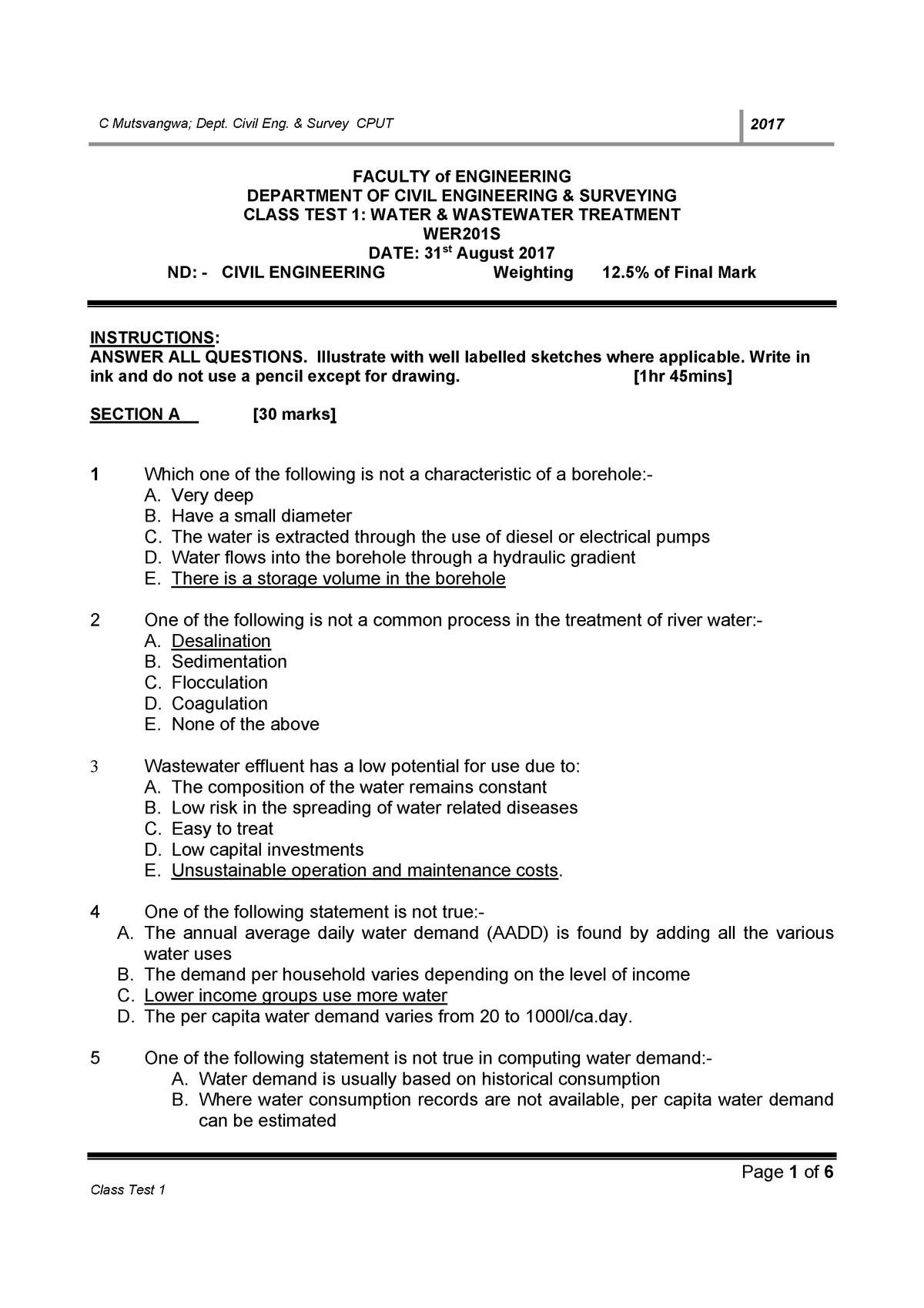 Test 1 31 August 2017, questions and answers - C Mutsvangwa; Dept ...