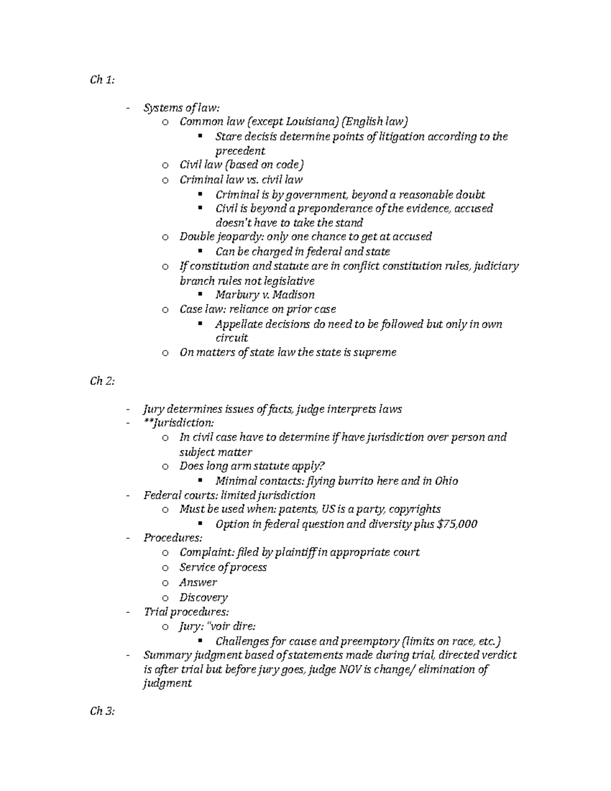 Final Review[ 480] - Lecture Notes 2 - Ch 1: - Systems Of Law: O Common ...