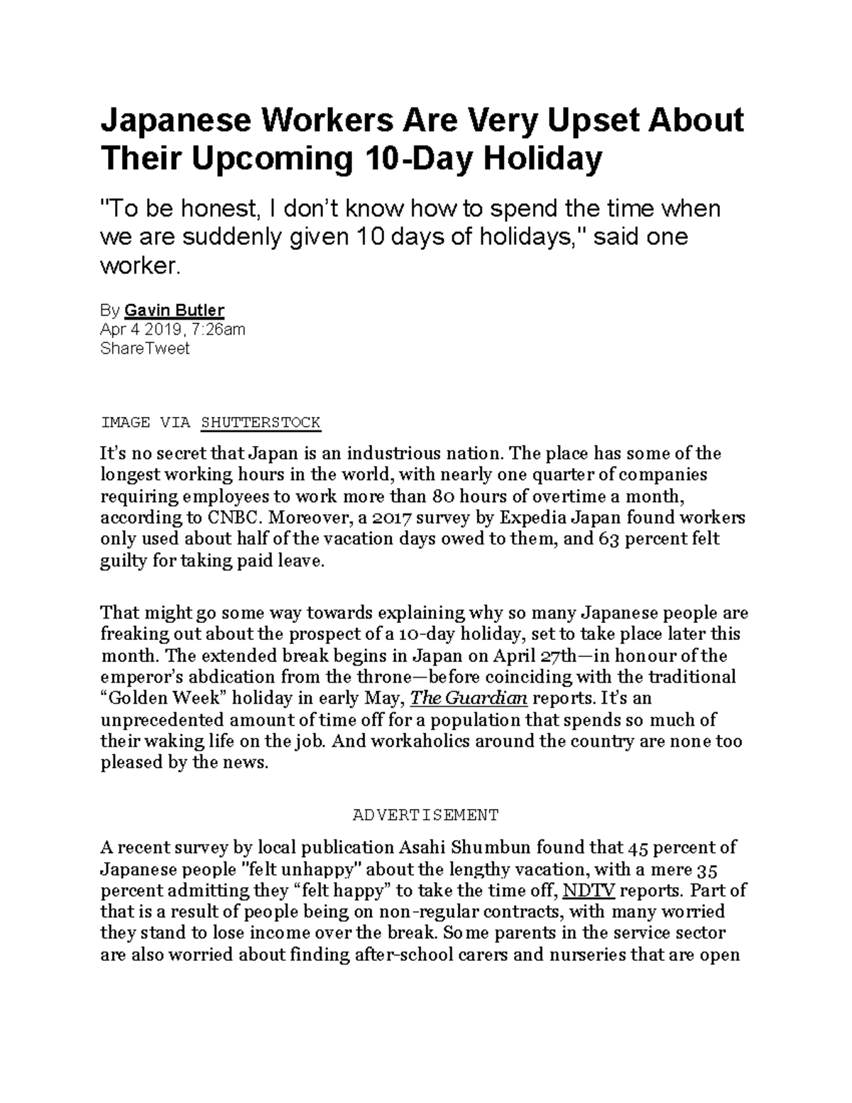 Japanese Workers Are Very Upset About Their 10 By Gavin Butler Apr 4 2019, 726am