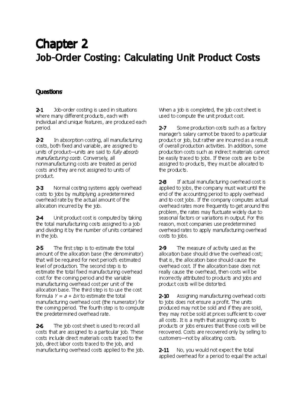 Chapter 2 Solution Manual Part 1 - Chapter 2 Costing: Calculating Unit ...