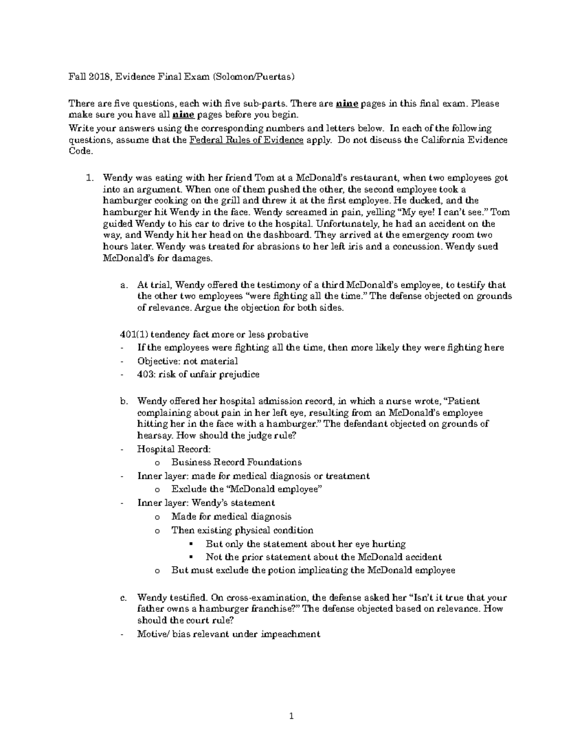 Evidence Fall 2018 Final Exam - Fall 2018, Evidence Final Exam (Solomon ...