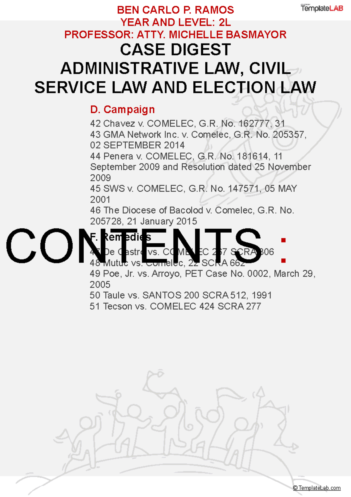 Administrative Law, Civil Service Law and Election Law Table of