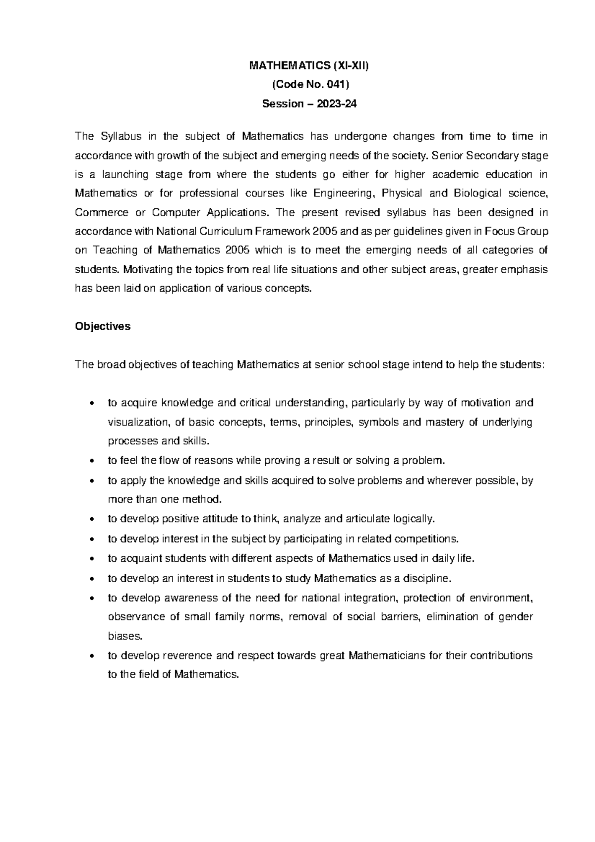 Maths Sr Sec 2023-24 - Very helpful - MATHEMATICS (XI-XII) (Code No ...