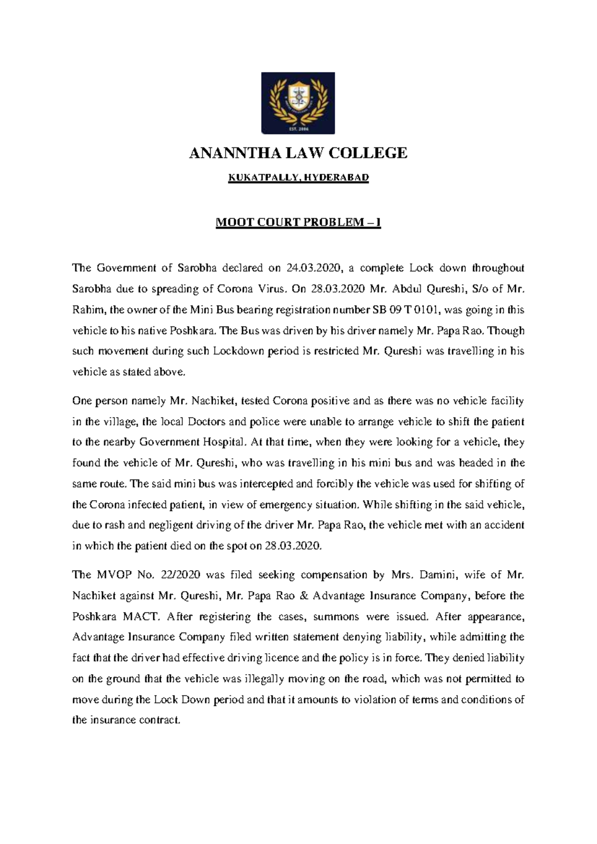 Moot 01 - Civil Case 2024 - ANANNTHA LAW COLLEGE KUKATPALLY, HYDERABAD ...