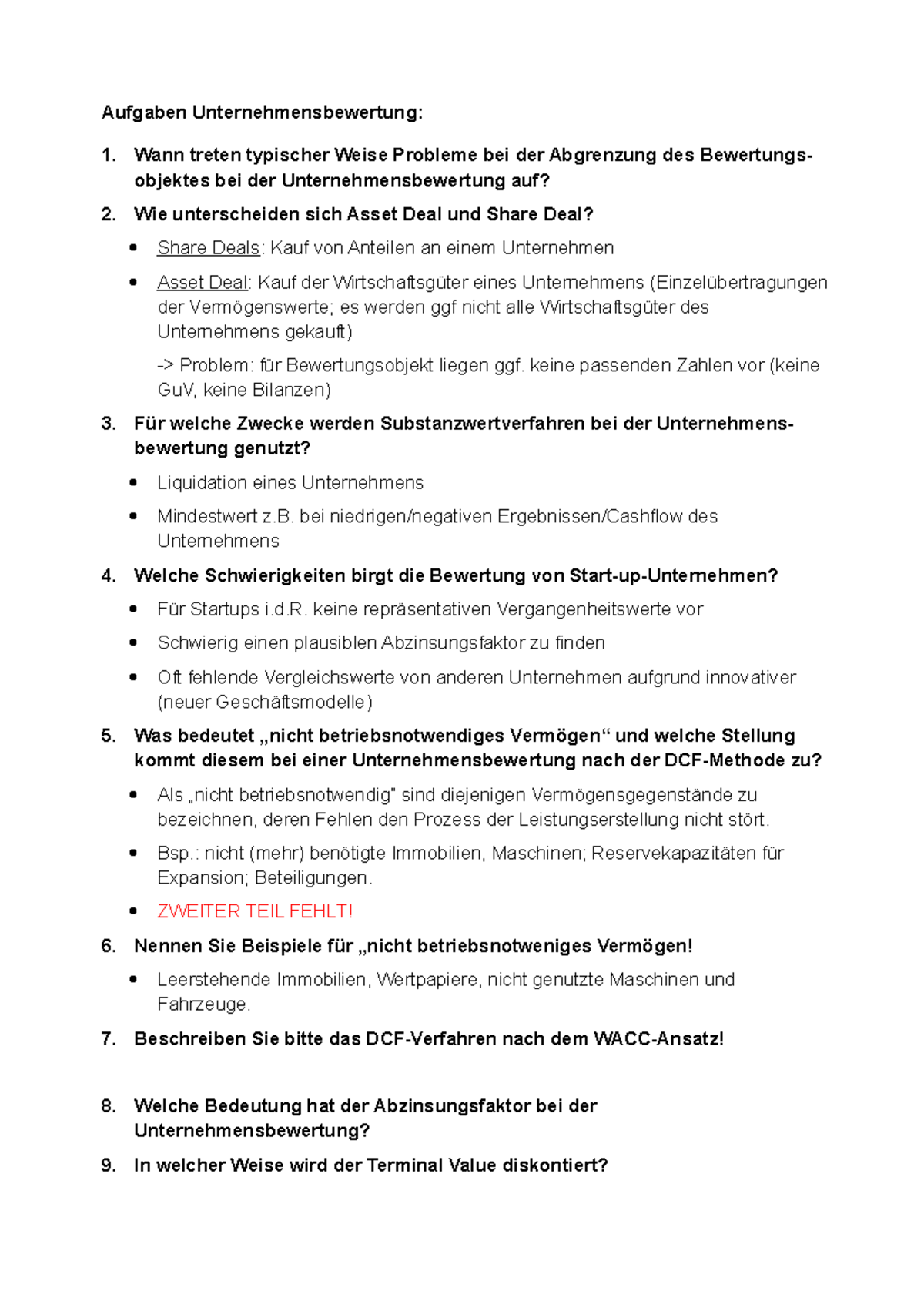 Fragekatalog Unternehmensbewertung - Aufgaben Unternehmensbewertung: 1 ...